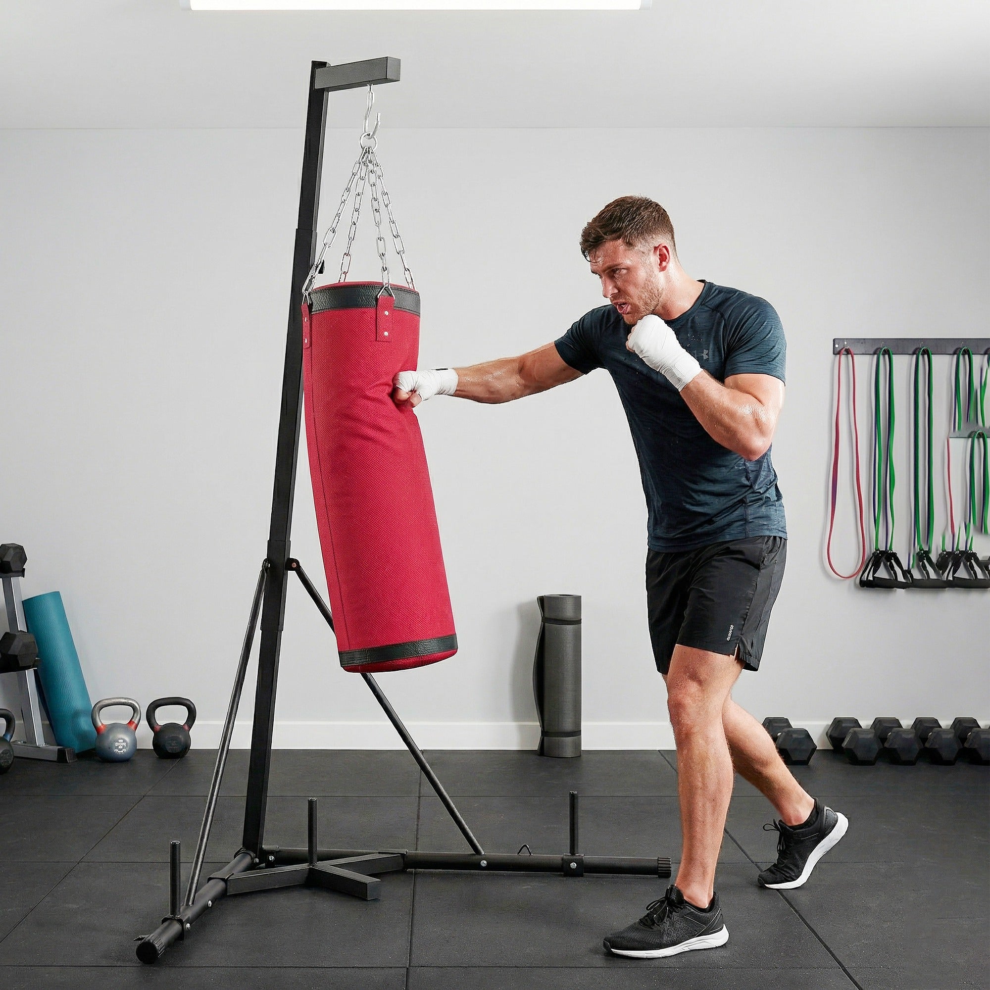 SPORTNOW Boxing Bag with Stand for Adults, Adjustable Height 185–231 cm (73–91 in), Triangular Base, Canvas Punching Bag, 1 in Weight Plate Posts, Home Gym Fitness Training, Red