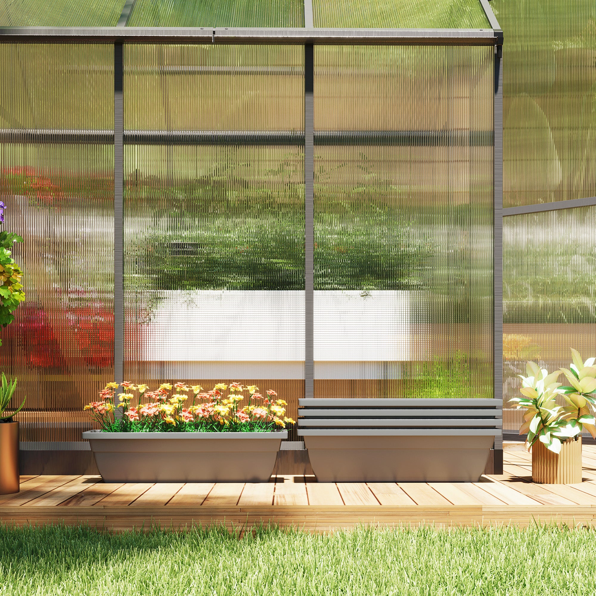 5-Piece Plastic Flower Pot Set, 59 x 21 x 16 cm Stackable Planters Set, Weatherproof Planters, Pots for Indoor and Outdoor, Gray