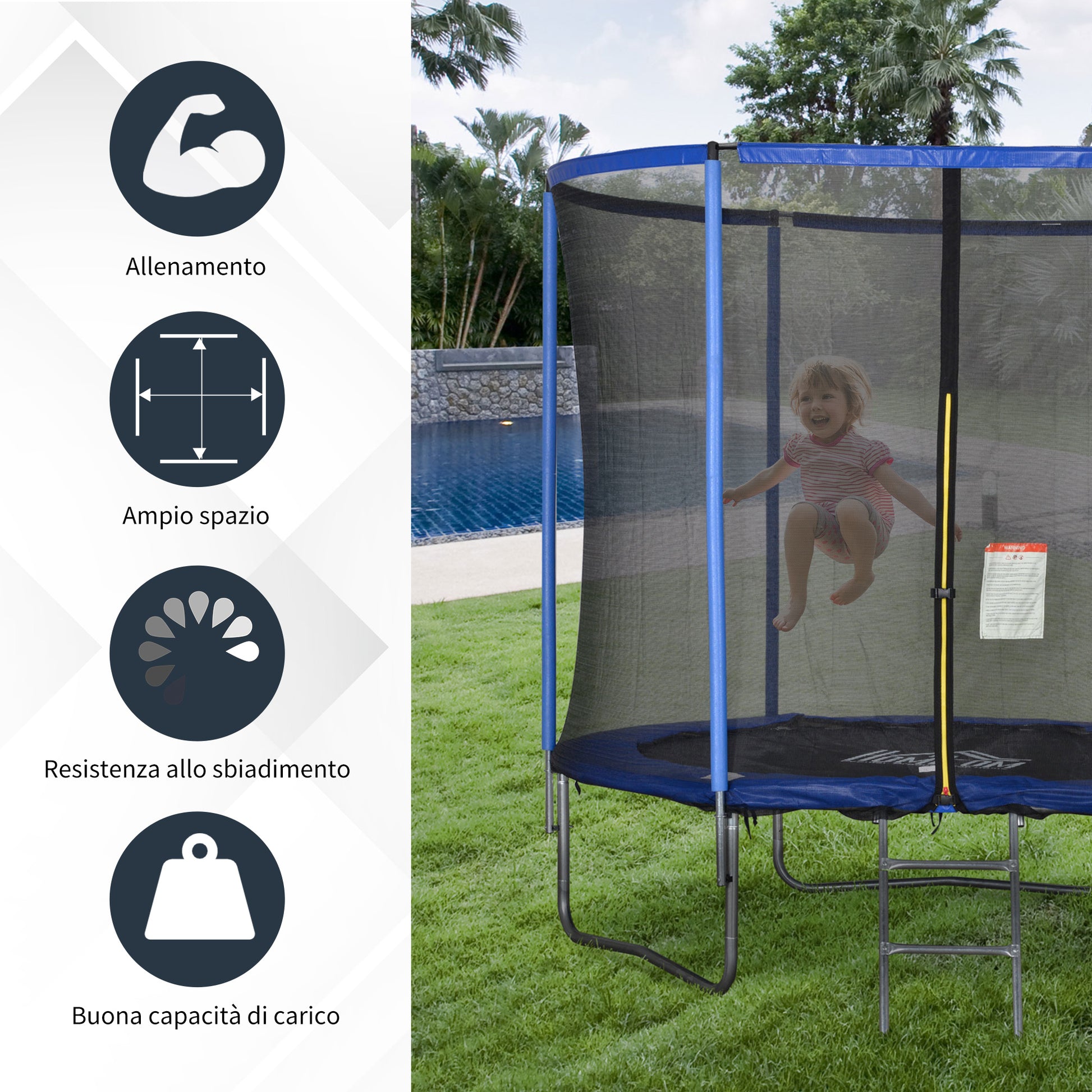 Outdoor Trampoline, Elastic Mat for Children and Adults for Garden with Safety Net, Ladder, and Padded Edge, Garden and Home Games, Ø244x240cm, Blue and Black