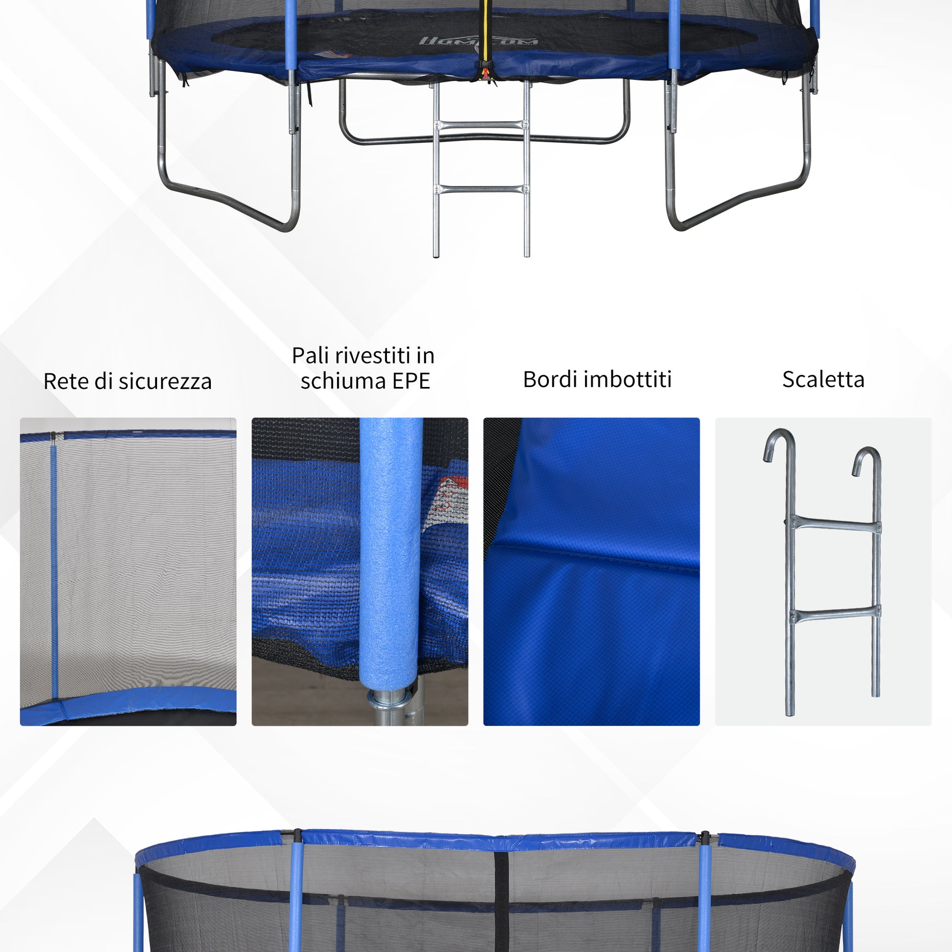 Outdoor Trampoline, Elastic Mat for Children and Adults for Garden with Safety Net, Ladder, and Padded Edge, Garden and Home Games, Ø244x240cm, Blue and Black