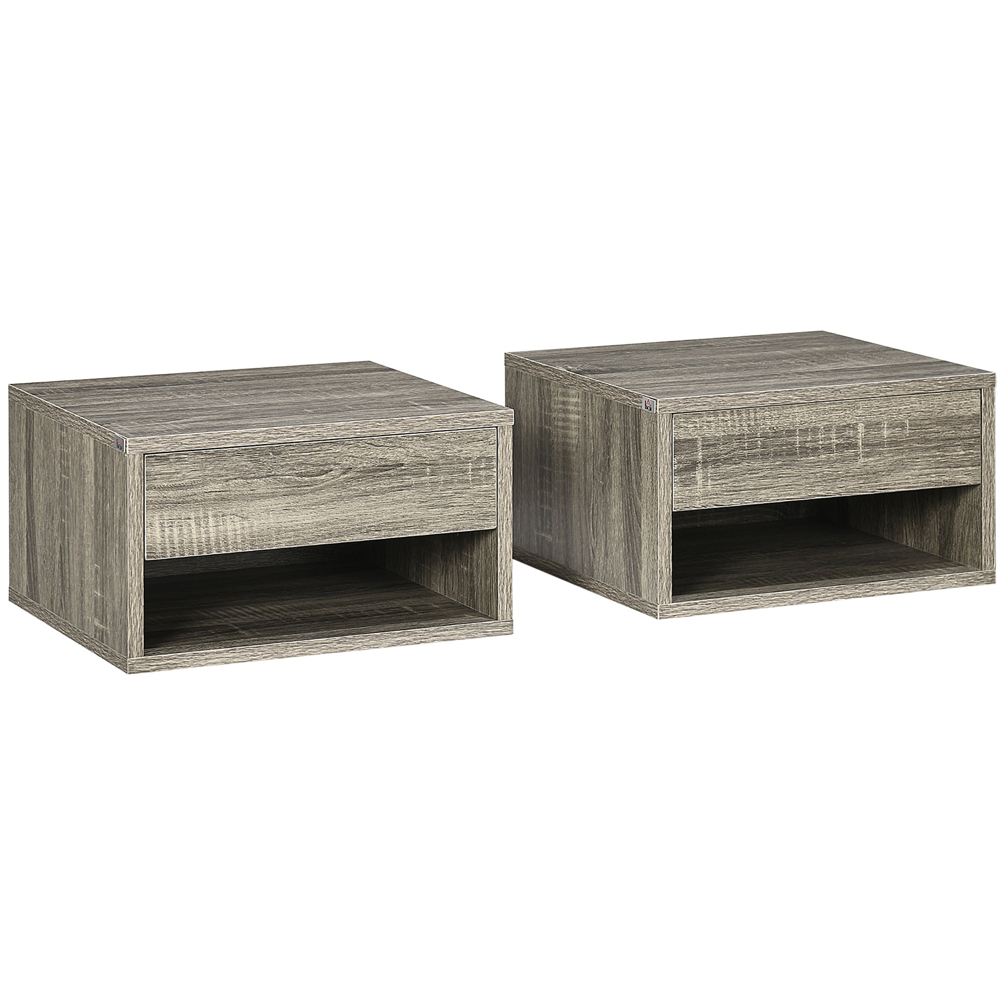 Set of 2 wall-mounted bedside tables nightstand - sliding drawer, compartment, tabletop - wood dim. 37L x 32W x 21H cm Gray