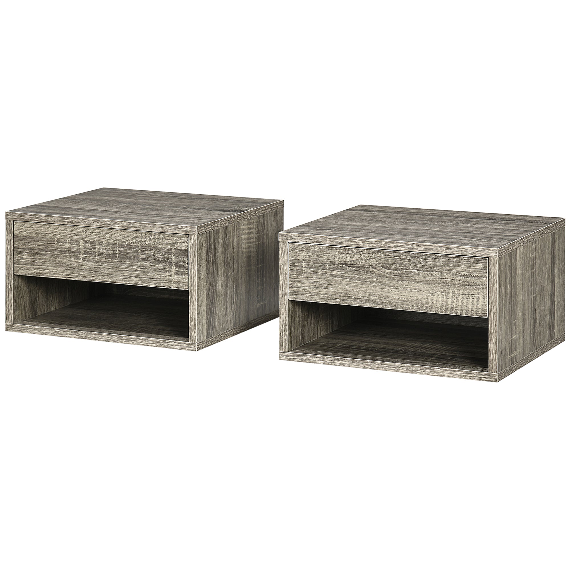 Set of 2 wall-mounted bedside tables nightstand - sliding drawer, compartment, tabletop - wood dim. 37L x 32W x 21H cm Gray