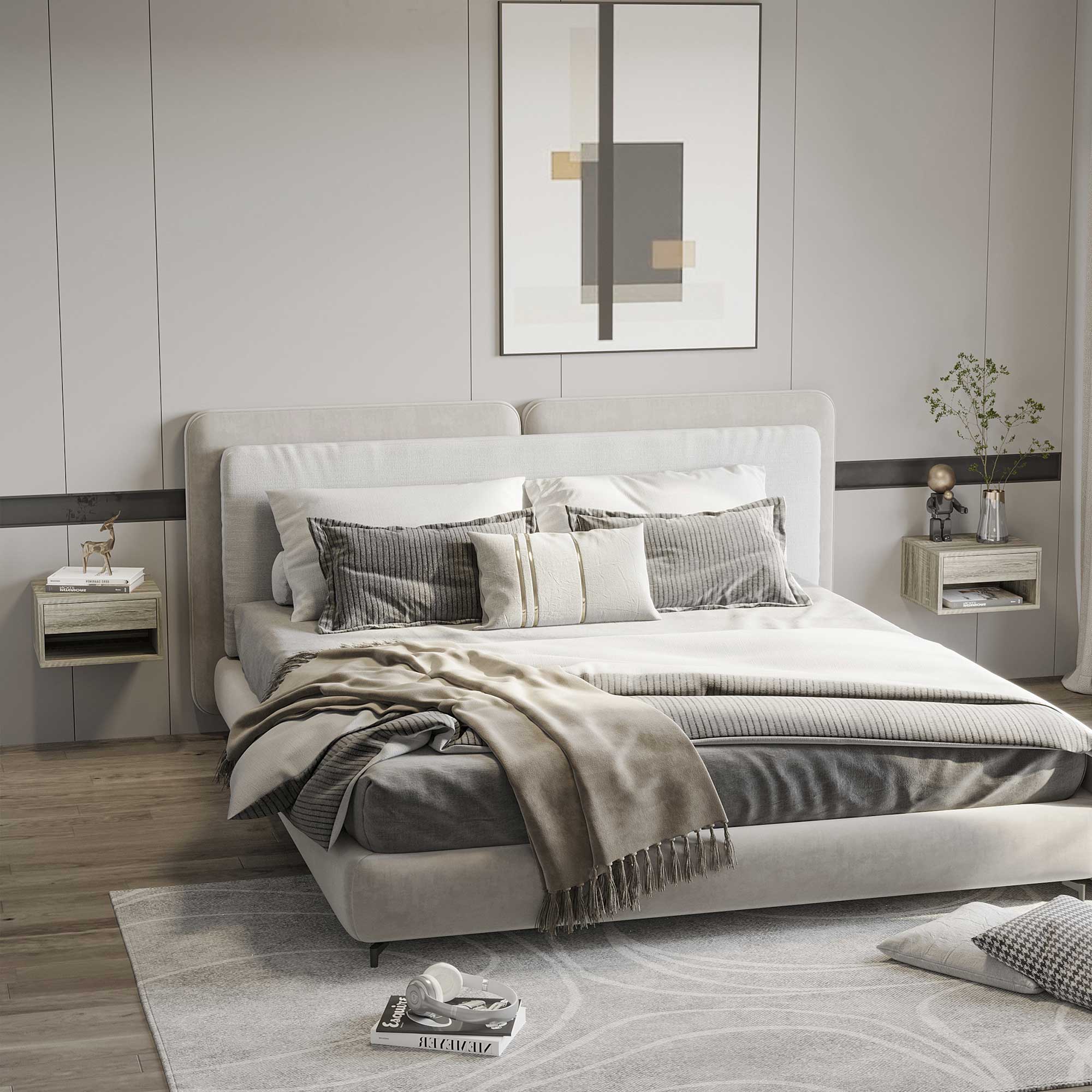 Set of 2 wall-mounted bedside tables nightstand - sliding drawer, compartment, tabletop - wood dim. 37L x 32W x 21H cm Gray