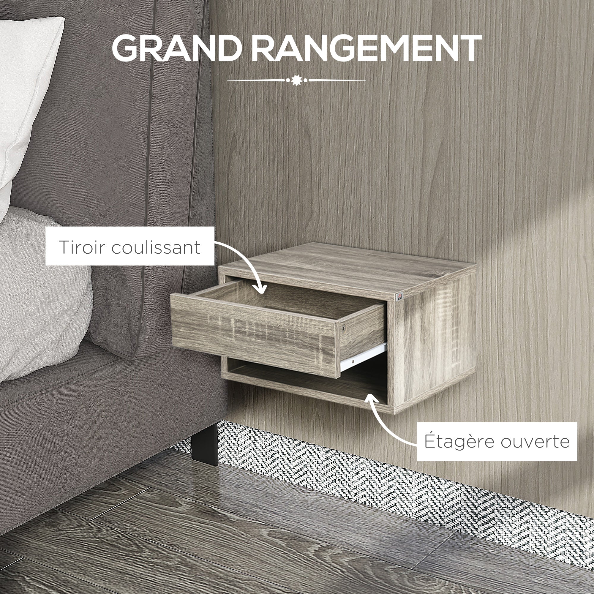 Set of 2 wall-mounted bedside tables nightstand - sliding drawer, compartment, tabletop - wood dim. 37L x 32W x 21H cm Gray