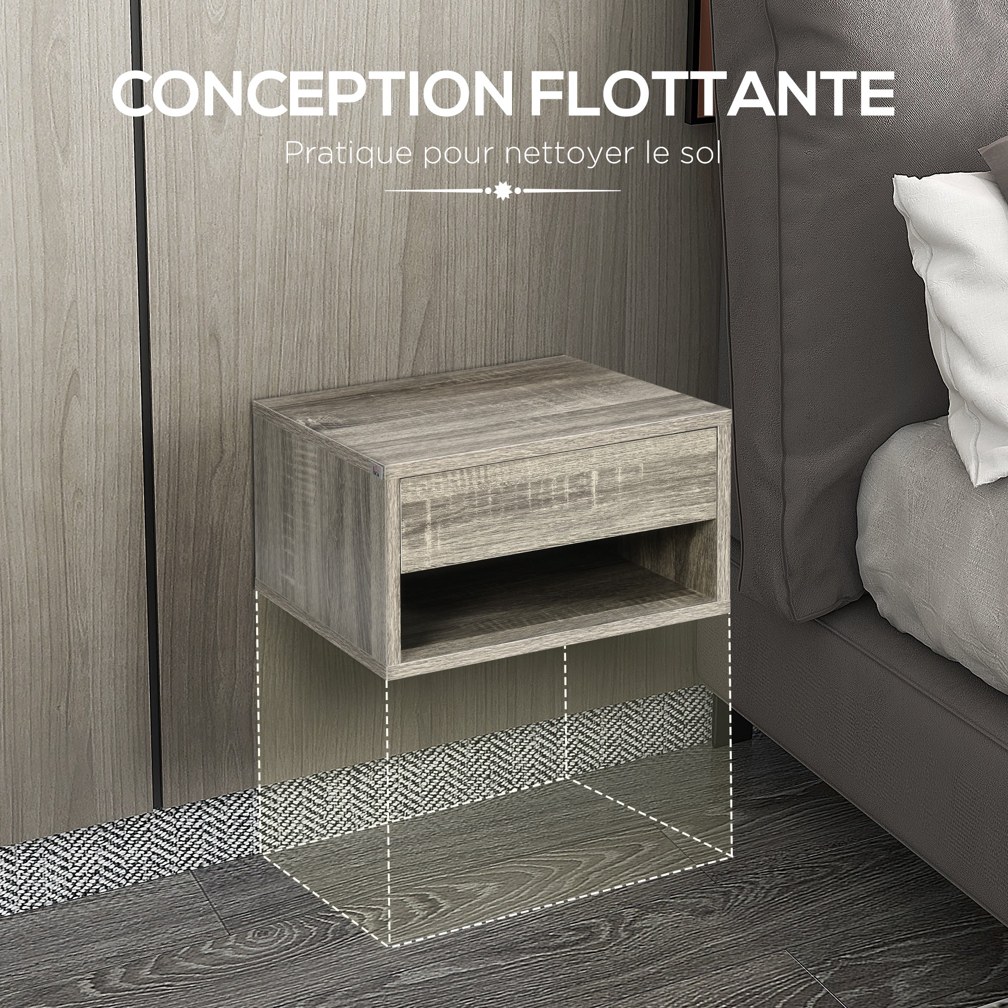 Set of 2 wall-mounted bedside tables nightstand - sliding drawer, compartment, tabletop - wood dim. 37L x 32W x 21H cm Gray