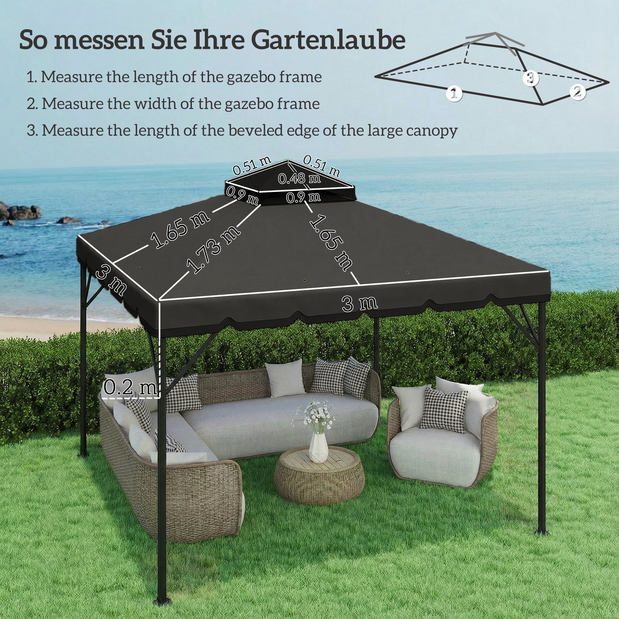 Double-Layer Replacement Canopy for 3 x 3 m (9.8 ft) Gazebo – 180 g/m² Polyester, Waterproof, UPF 30+, 8 Drainage Grommets, Gray
