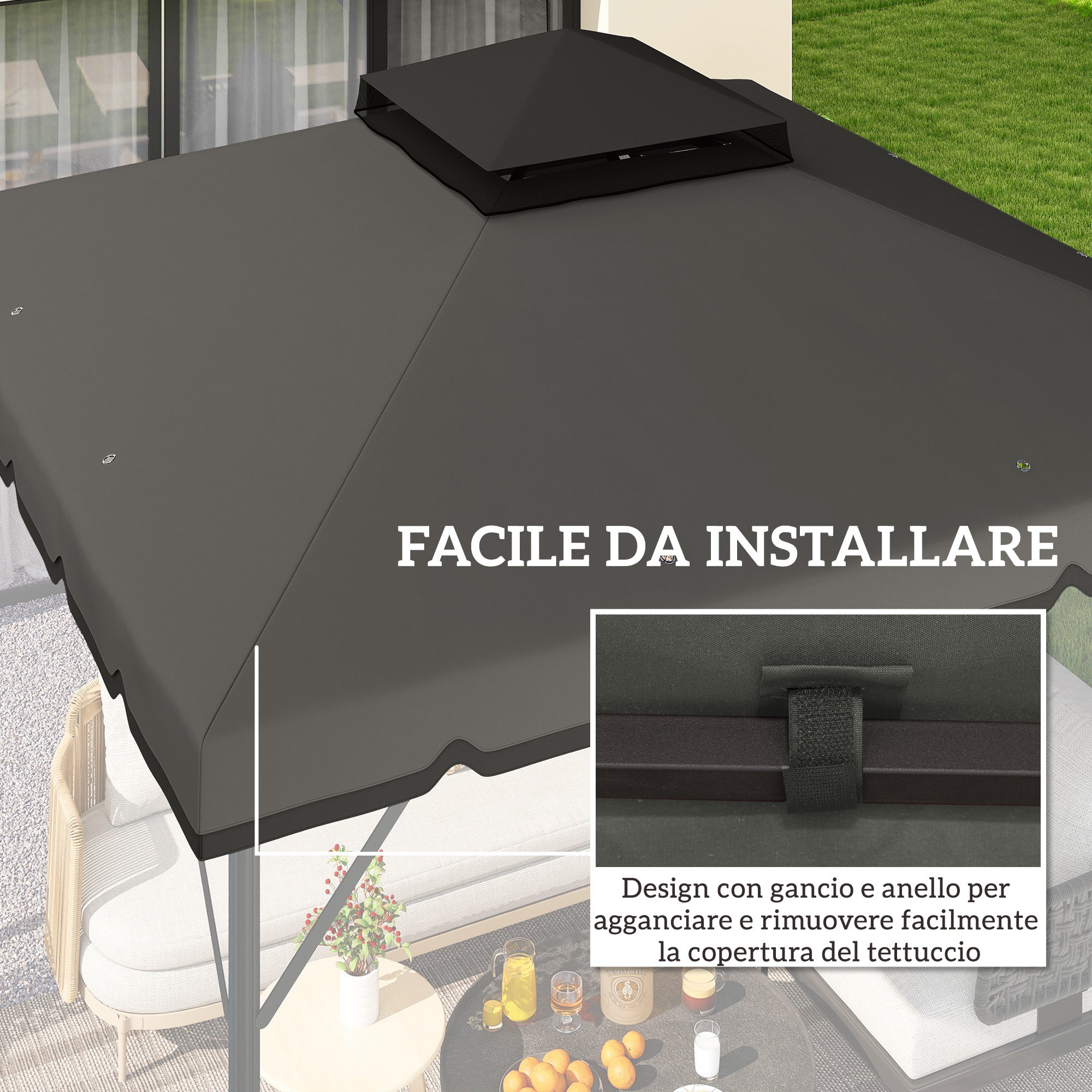 Double-Layer Replacement Canopy for 3 x 3 m (9.8 ft) Gazebo – 180 g/m² Polyester, Waterproof, UPF 30+, 8 Drainage Grommets, Gray