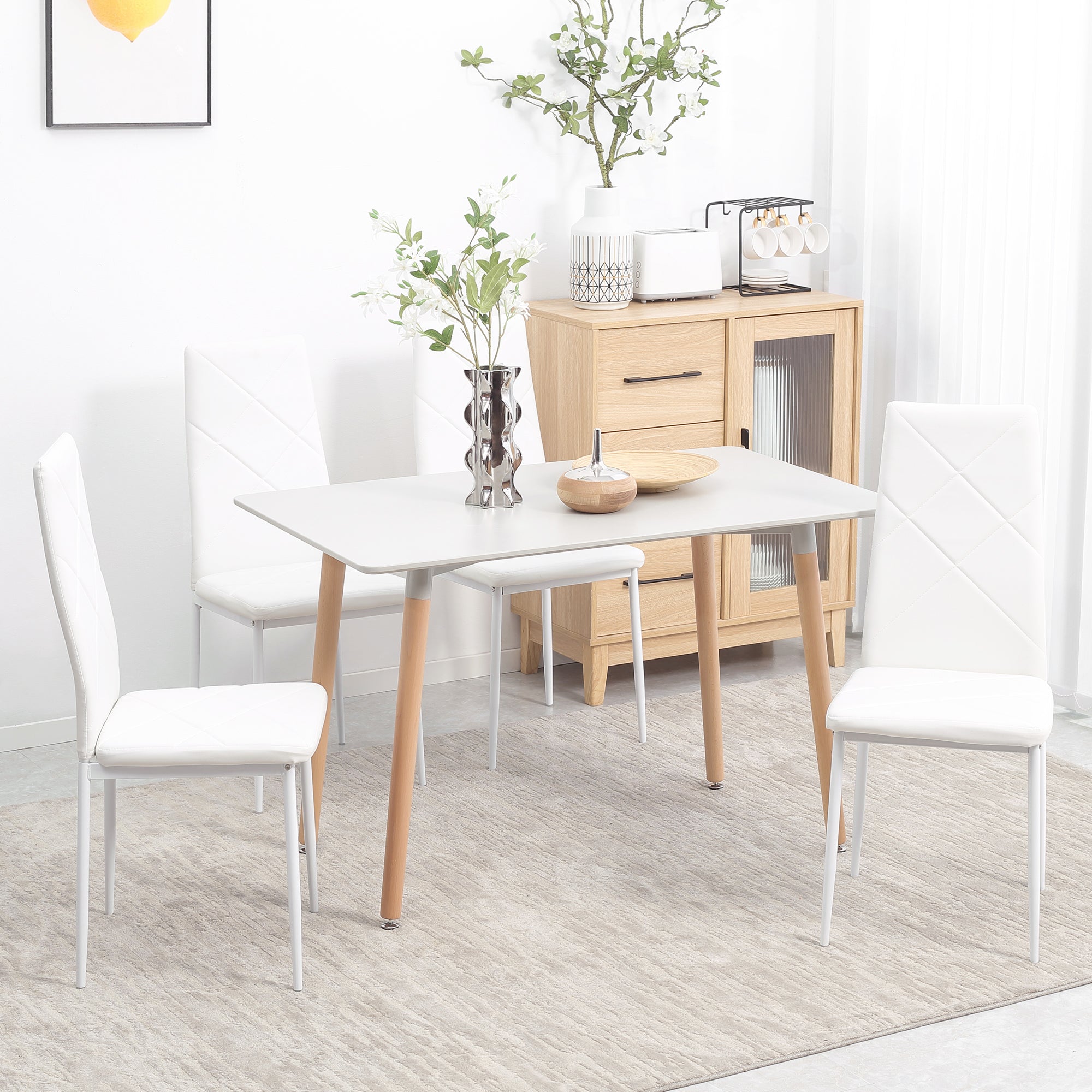 Set of 4 Nordic Dining Chairs Upholstered Kitchen Chairs with Faux Leather Steel Legs Load 120 kg for Living Room 41x50x97 cm White
