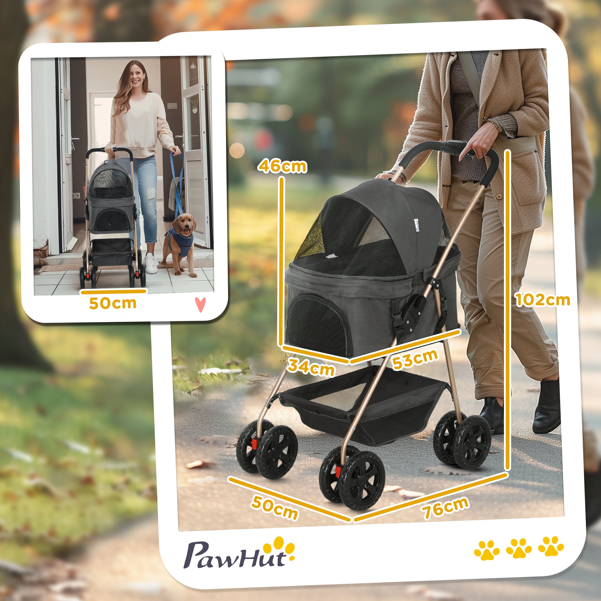 Dog Stroller 3 in 1 Dog Buggy Foldable for Dogs & Cats up to 4 kg Cat Stroller with Cushion Mesh Windows Cup Holder Storage Basket Cat Cart Buggy Gray