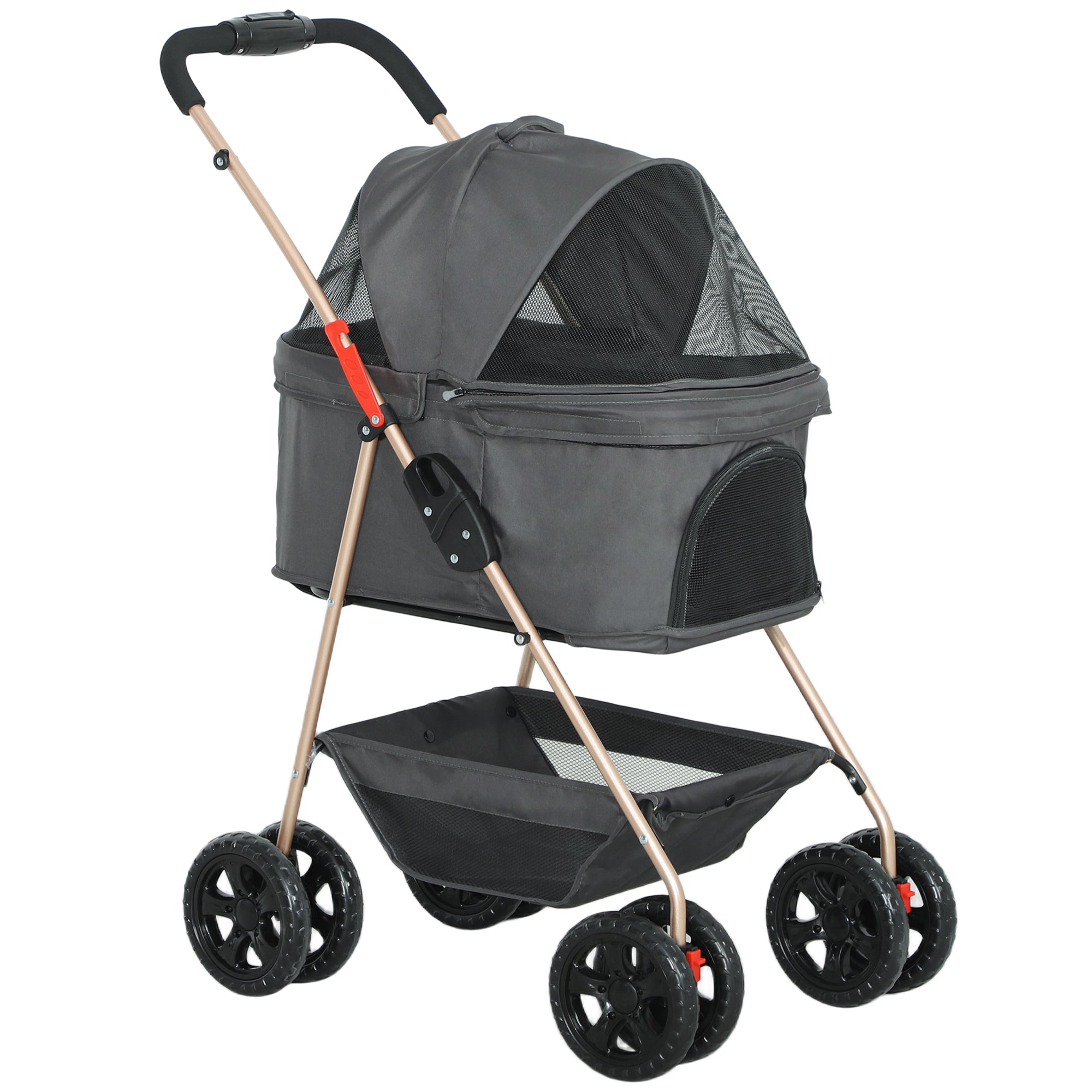 Dog Stroller 3 in 1 Dog Buggy Foldable for Dogs & Cats up to 4 kg Cat Stroller with Cushion Mesh Windows Cup Holder Storage Basket Cat Cart Buggy Gray