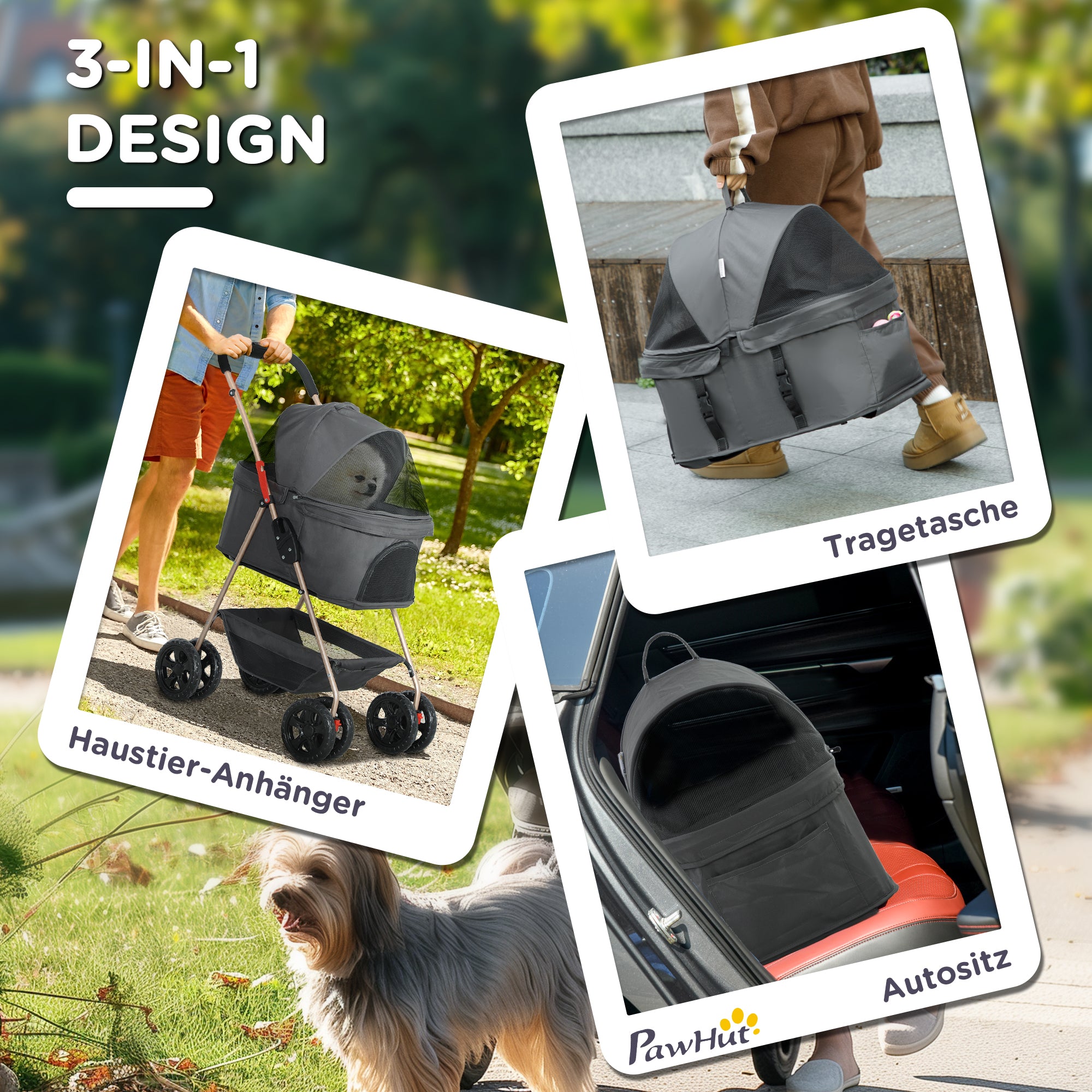 Dog Stroller 3 in 1 Dog Buggy Foldable for Dogs & Cats up to 4 kg Cat Stroller with Cushion Mesh Windows Cup Holder Storage Basket Cat Cart Buggy Gray