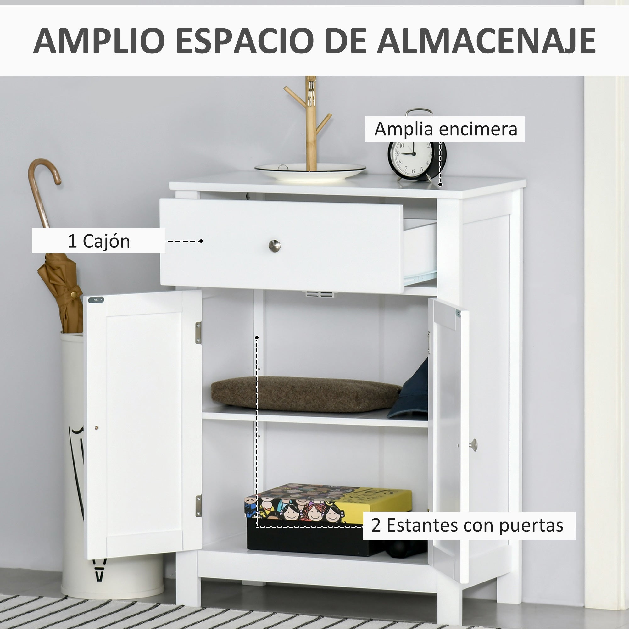 Bathroom Cabinet with 1 Drawer 2 Doors and Adjustable Interior Shelf Storage Auxiliary Furniture Multifunctional for Living Room Kitchen Anti-tip 60x30x80 cm White