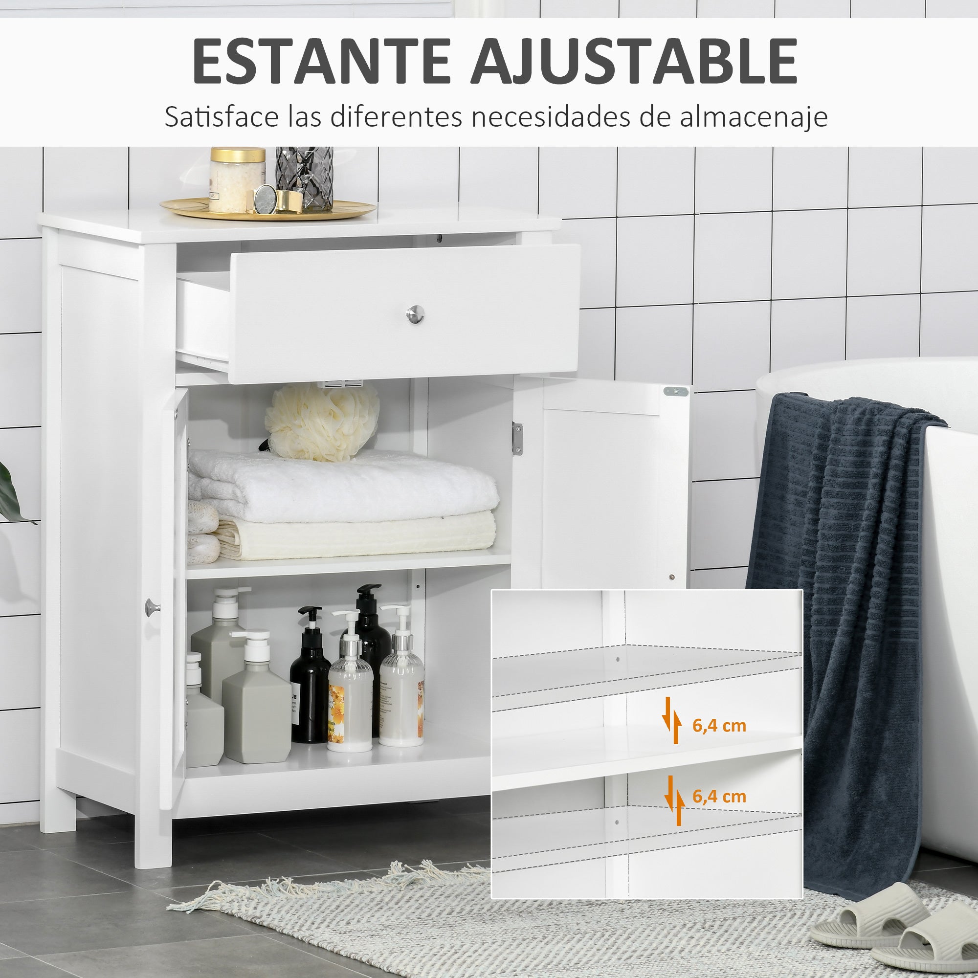 Bathroom Cabinet with 1 Drawer 2 Doors and Adjustable Interior Shelf Storage Auxiliary Furniture Multifunctional for Living Room Kitchen Anti-tip 60x30x80 cm White