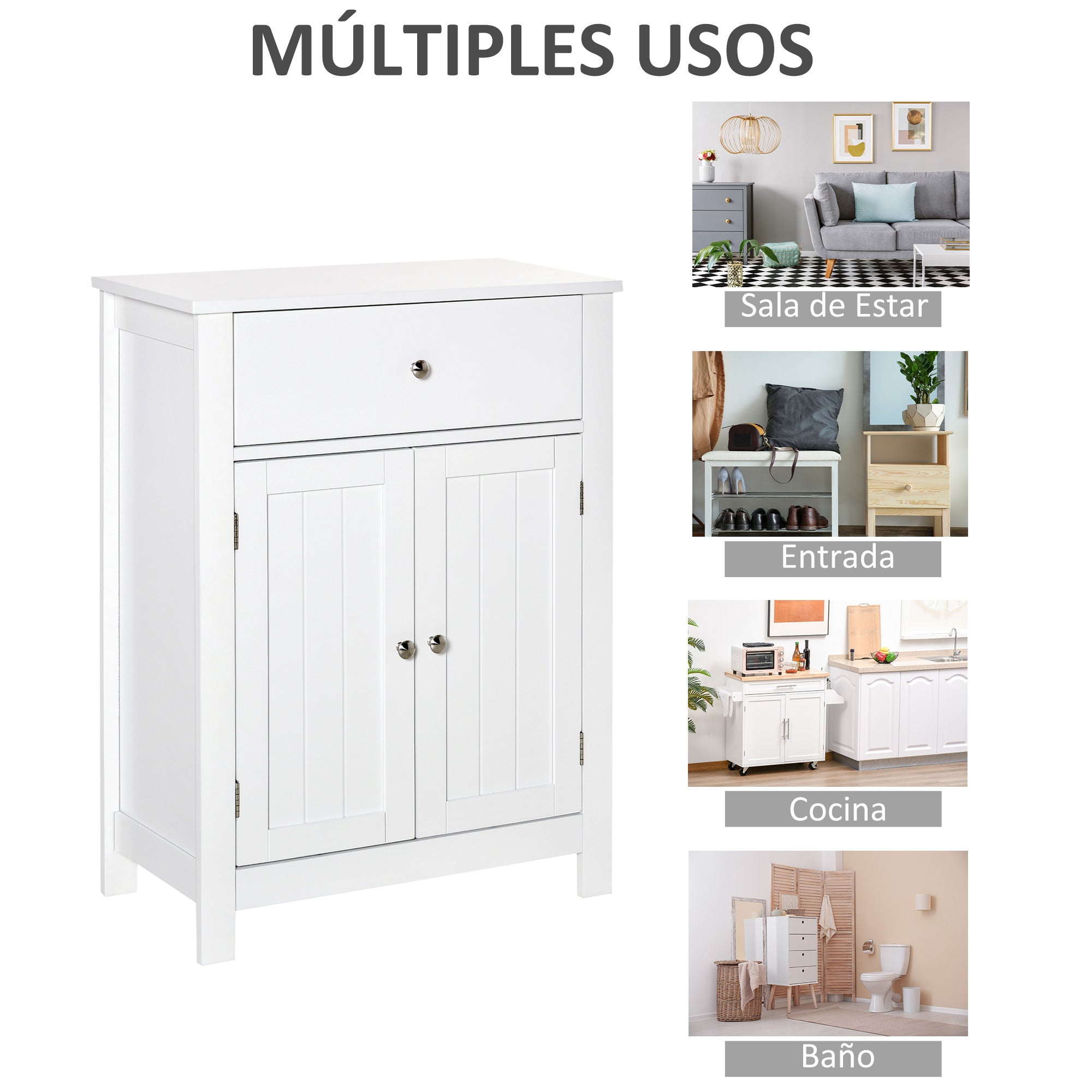 Bathroom Cabinet with 1 Drawer 2 Doors and Adjustable Interior Shelf Storage Auxiliary Furniture Multifunctional for Living Room Kitchen Anti-tip 60x30x80 cm White