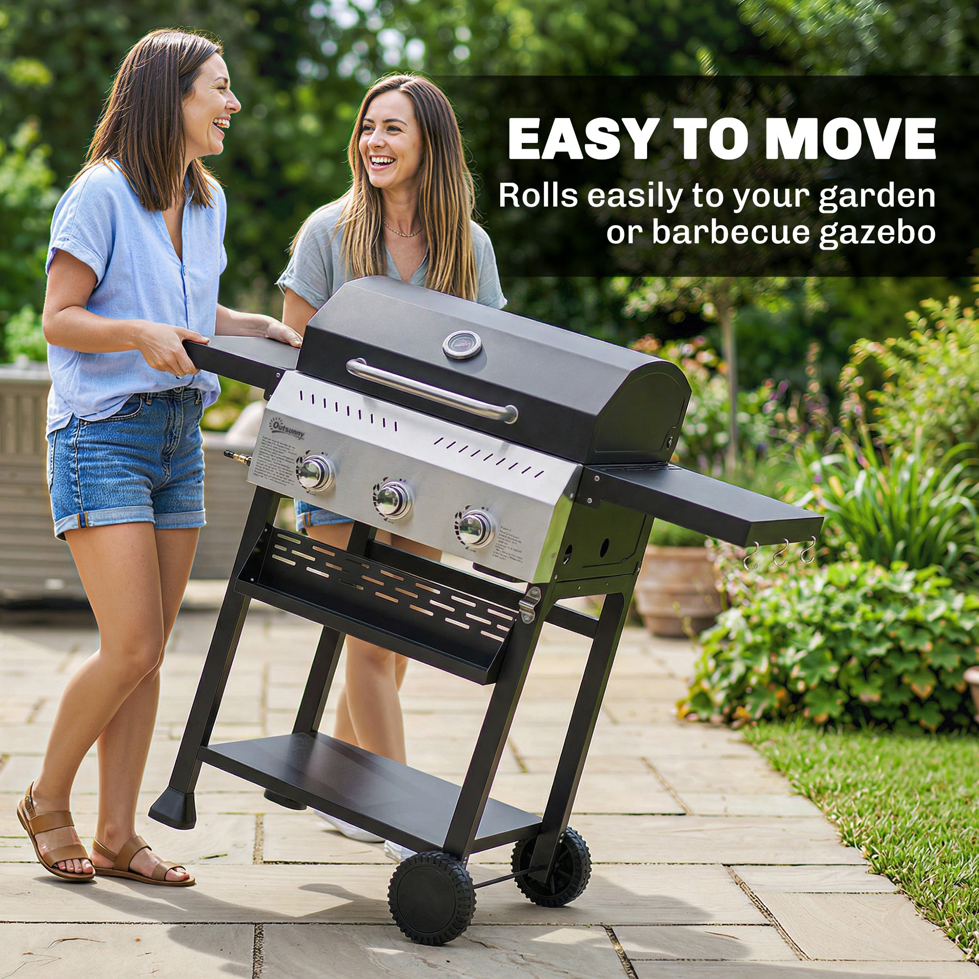 9 kW (≈30,700 BTU) 3-Burner Stainless Steel Gas Grill Cart — Foldable Side Shelves, Spice Rack, Warming Rack, Enamel Grates, Wheels