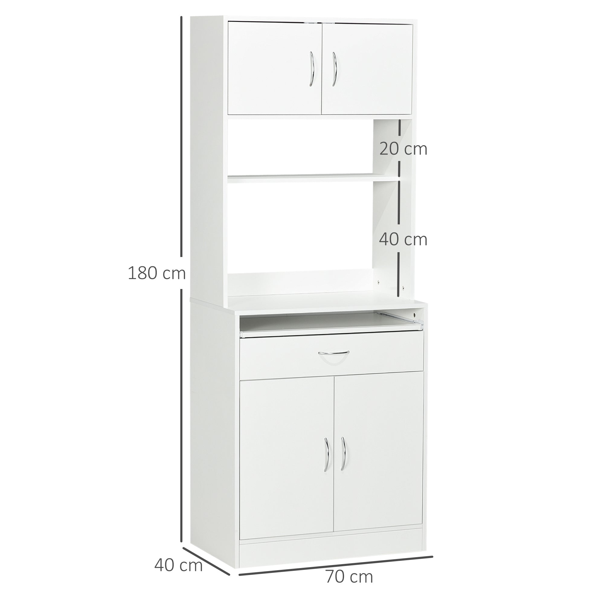 Kitchen Pantry Sideboard Buffet Cabinet with 4 Doors Sliding Tray Adjustable Shelf Drawer Open Microwave Worktop 70x40x180 cm White