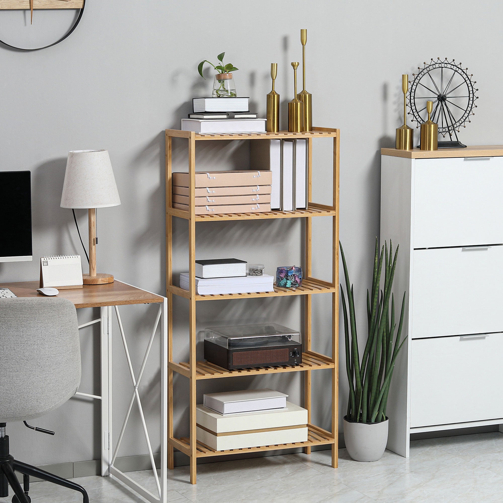Storage Shelf, 5-Tier Bamboo Shelf, Bookcase for Living Room, Bedroom, and Office, 60 x 26 x 130 cm, Natural Wood