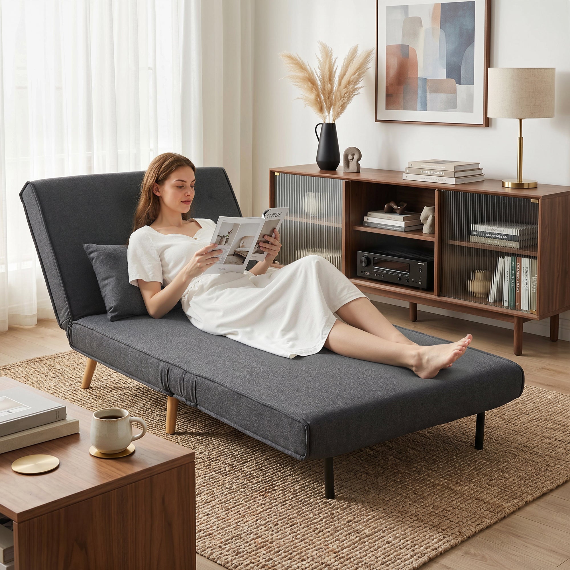 3-in-1 Sleeper Chair with Fold-Out Bed, Converts to 190 x 63 cm Single Bed, Adjustable Recline, Metal Legs, Lumbar Pillow, Linen-Look Grey