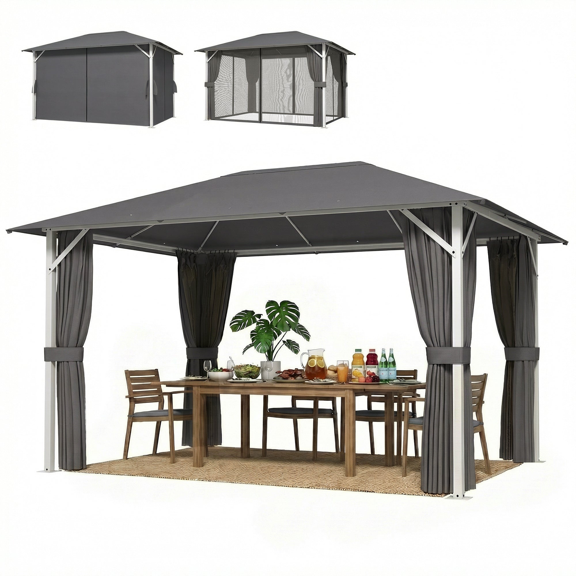 Gazebo approx. 4 x 3 m Waterproof, Sturdy & Winter-Resistant Garden Pavilion with Mosquito Net, 4 Side Panels, Vent & Drain Holes, UV50+ Party Tent — Dark Gray