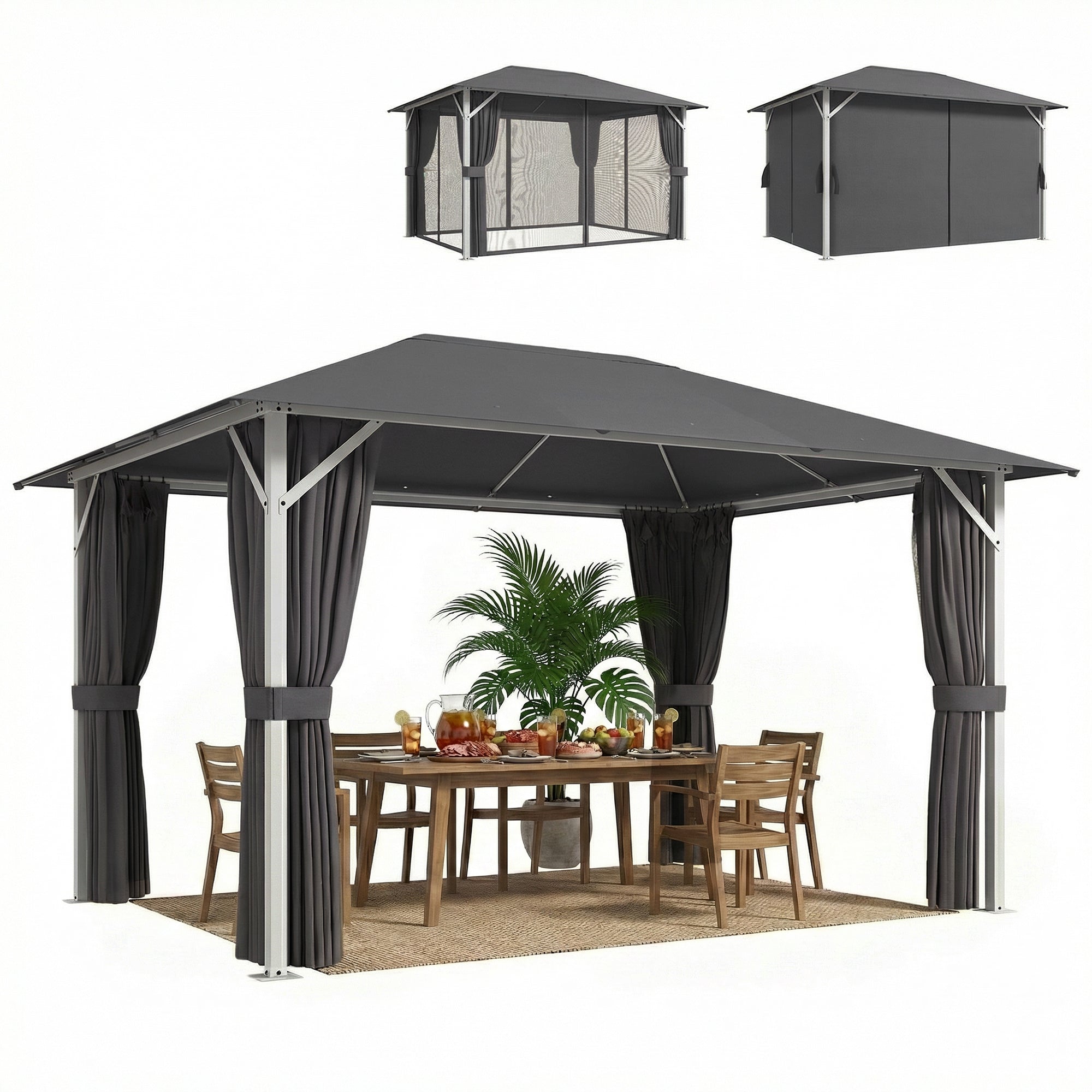 Gazebo approx. 4 x 3 m Waterproof, Sturdy & Winter-Resistant Garden Pavilion with Mosquito Net, 4 Side Panels, Vent & Drain Holes, UV50+ Party Tent — Dark Gray