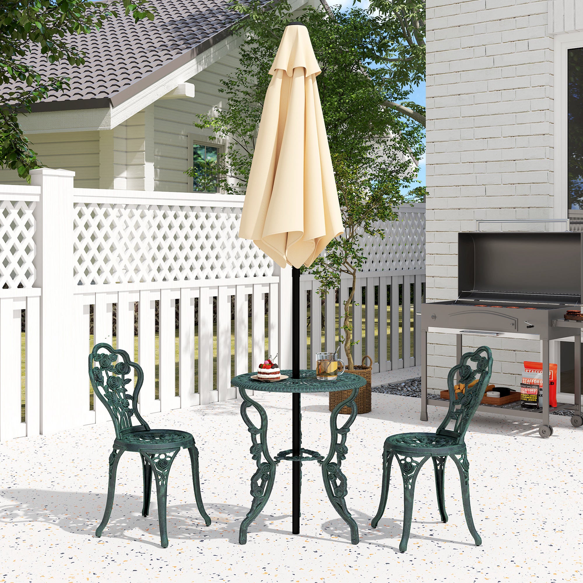2-Seater Garden Set, 2 Chairs + Round Table Neo-Retro Style Rose Pattern Sleek Lines Aluminum Antique Green