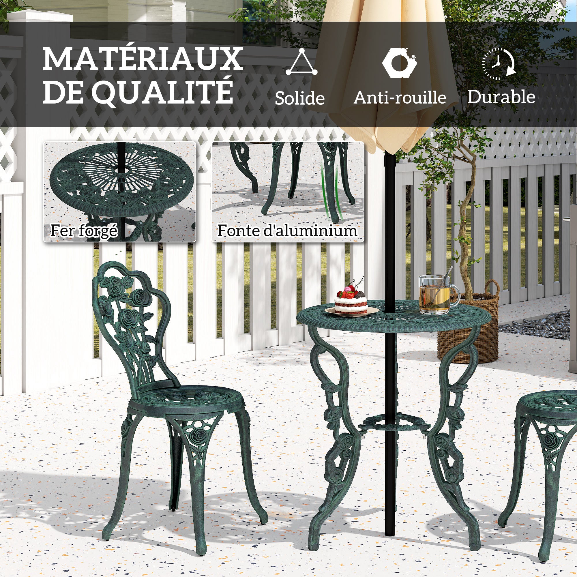 2-Seater Garden Set, 2 Chairs + Round Table Neo-Retro Style Rose Pattern Sleek Lines Aluminum Antique Green