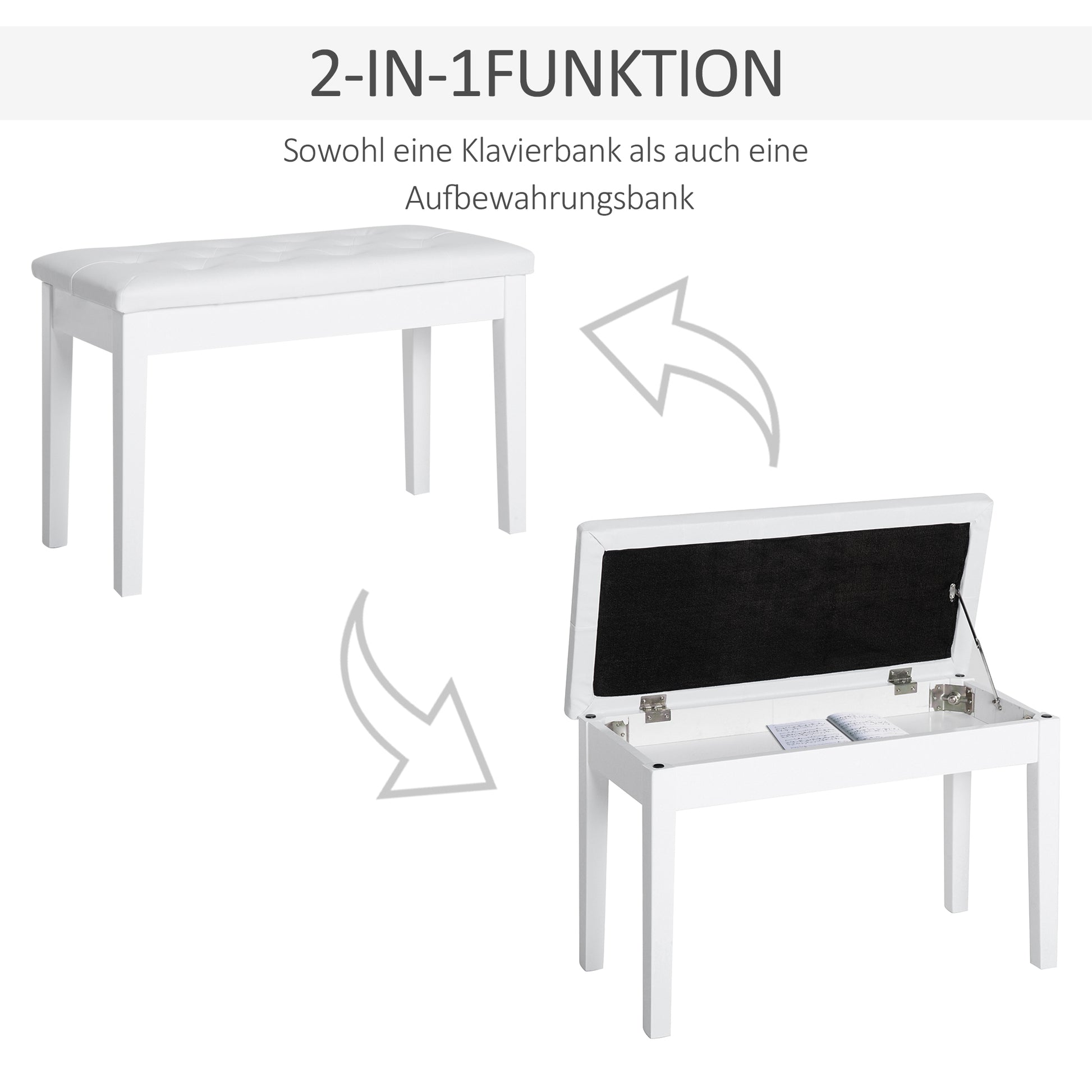 Piano Bench with Hidden Storage, Piano Stool with Faux Leather Cushion, Pianobench, Solid Wood Keyboard Bench for Piano, Keyboard, 76 x 36 x 50 cm, White