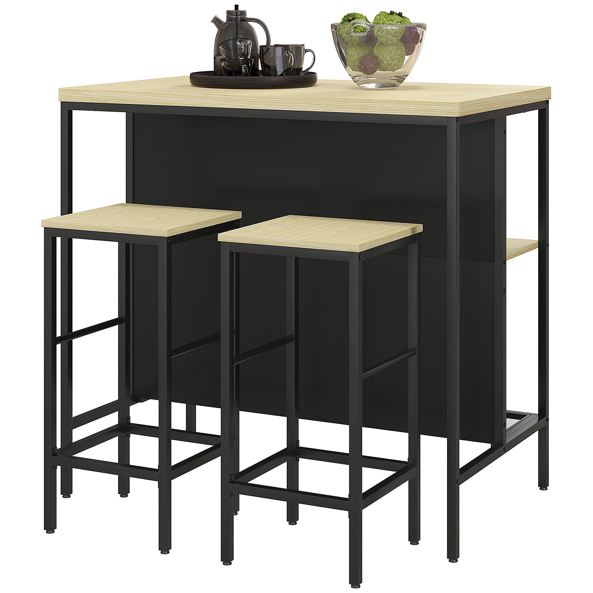 Bar Table with Bar Stool Set, 3-piece Bar Table Set including Kitchen Table with 2 Bar Stools, 2 Shelves, Dining Set in Modern Style, for Kitchen, Dining Room, Steel, Oak