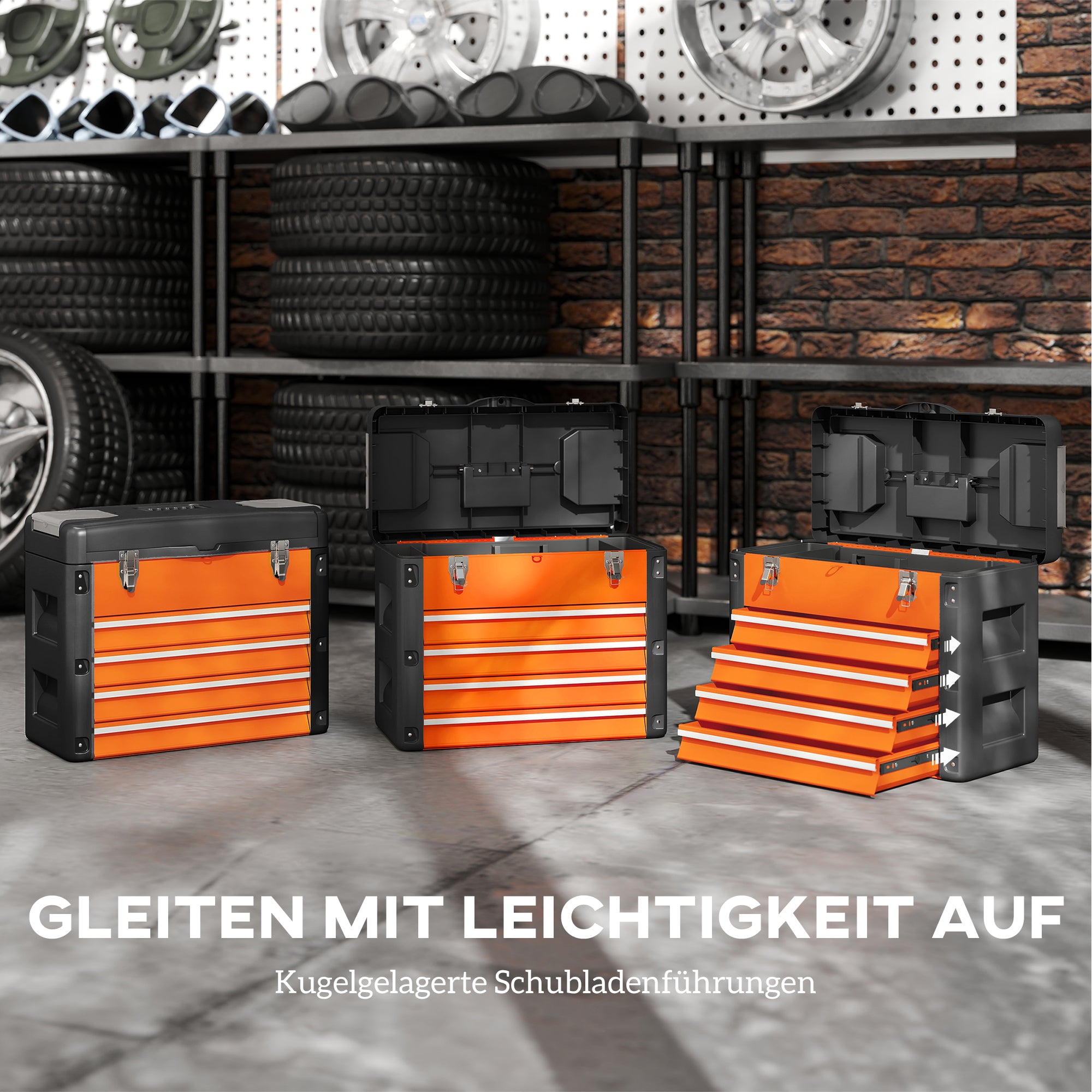 Empty Tool Chest, 49.7 x 25.3 x 40.7 cm Tool Box with 4 Drawers, Mini Box, Upper Storage Compartment, Handle, Steel Toolbox, Orange