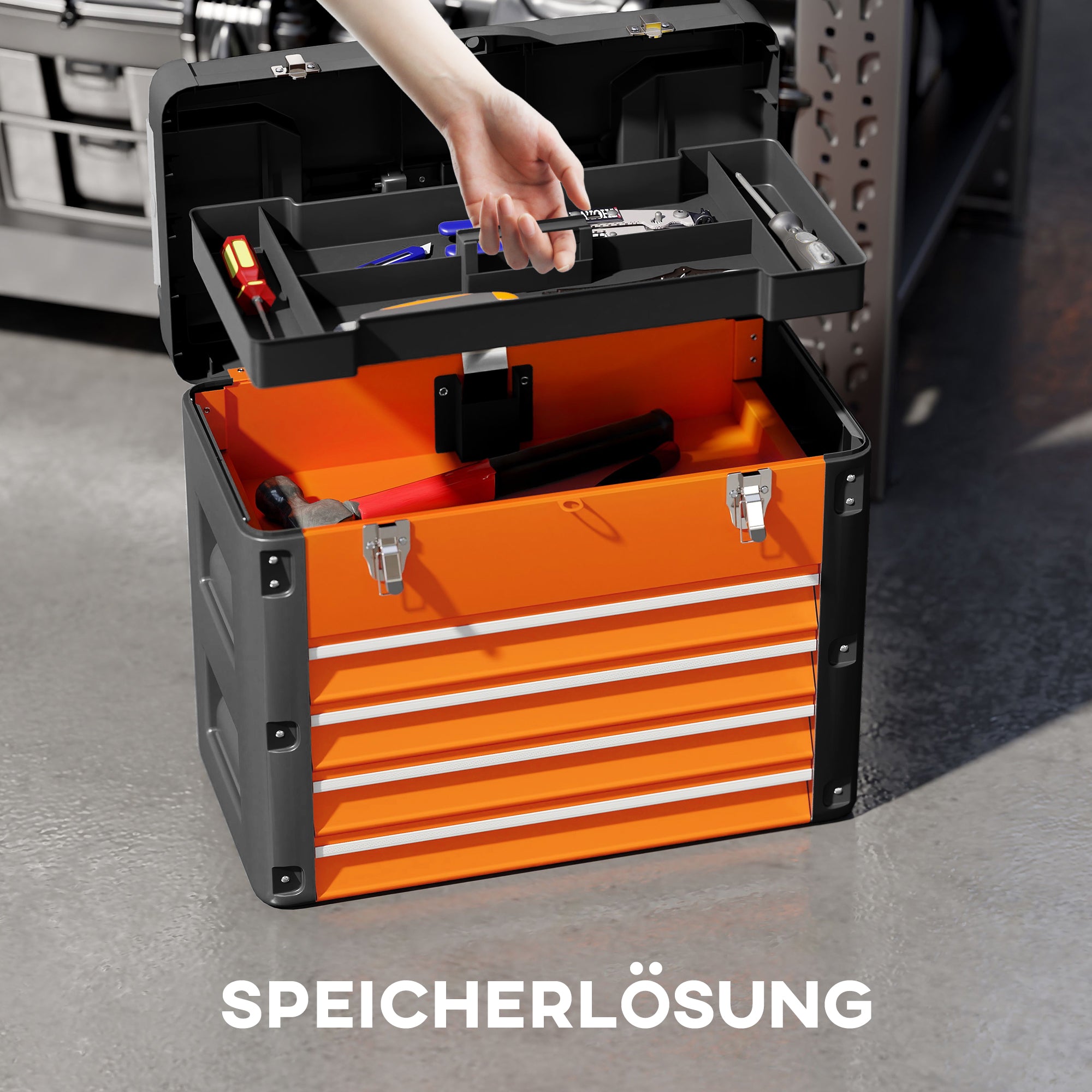 Empty Tool Chest, 49.7 x 25.3 x 40.7 cm Tool Box with 4 Drawers, Mini Box, Upper Storage Compartment, Handle, Steel Toolbox, Orange