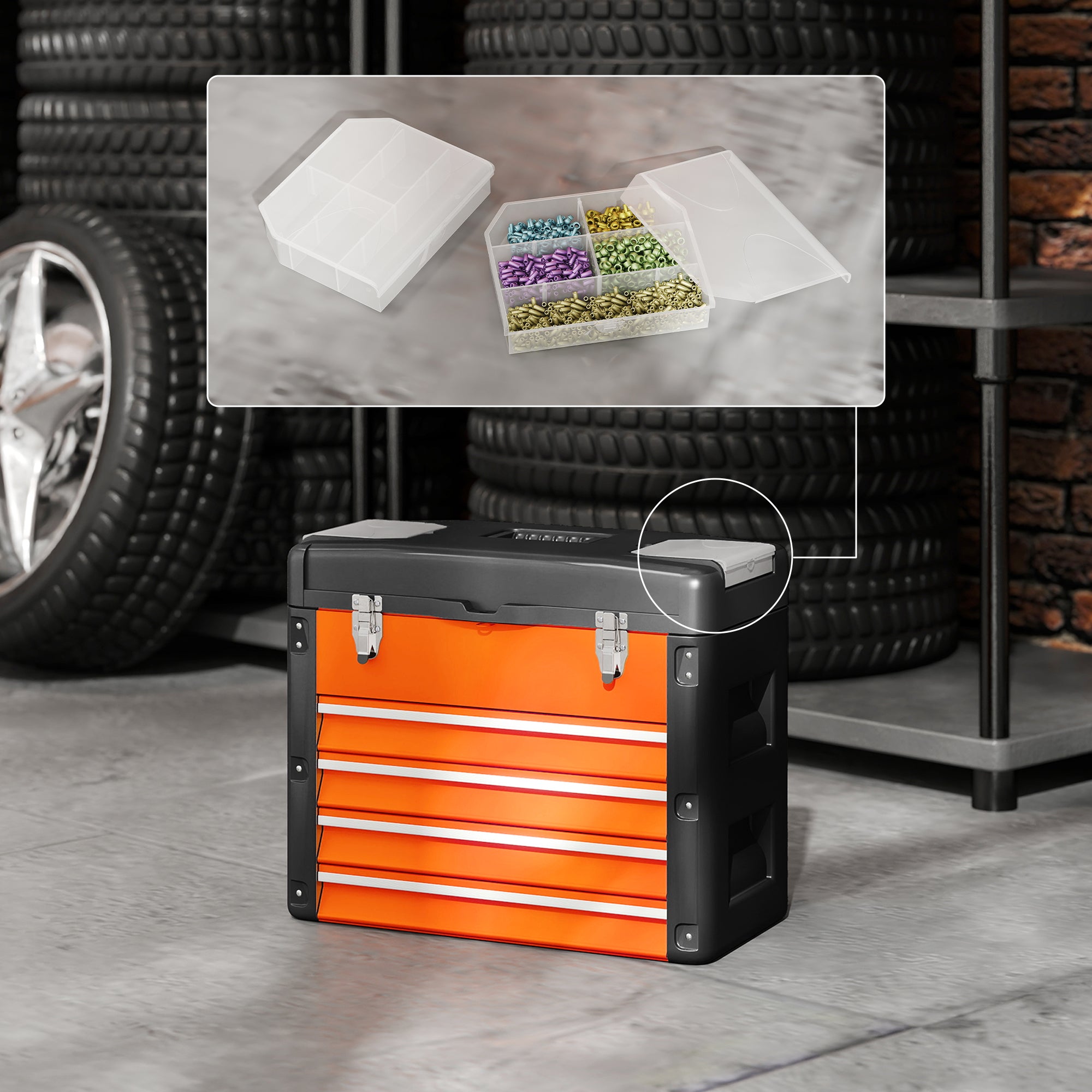 Empty Tool Chest, 49.7 x 25.3 x 40.7 cm Tool Box with 4 Drawers, Mini Box, Upper Storage Compartment, Handle, Steel Toolbox, Orange