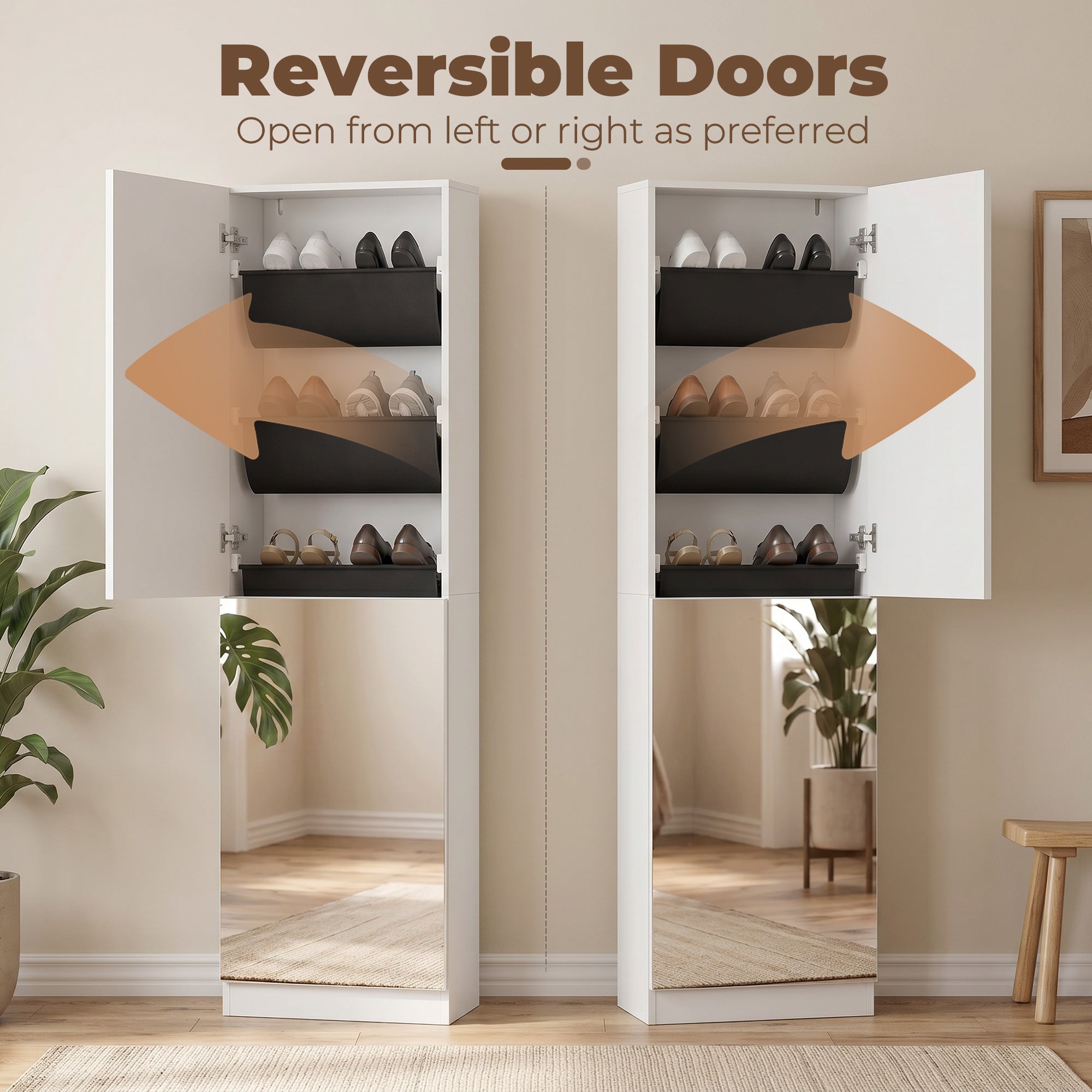 Slim Space-Saving Shoe Cabinet with Full-Length Mirror, 5 Fabric Shelves, Reversible Doors, Soft-Close, Holds 12 Pairs, 19.7 x 7.9 x 70.9 in, White