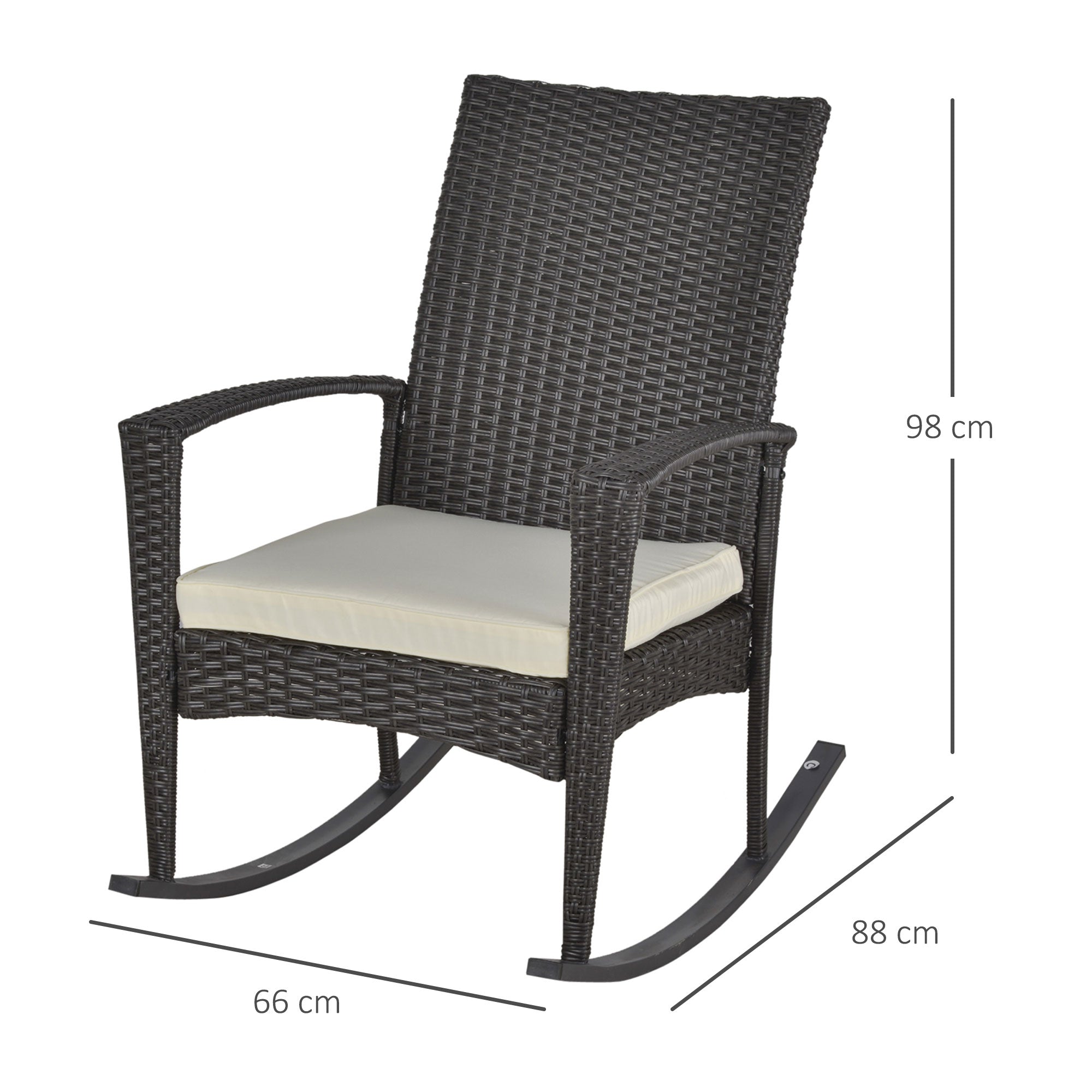 Swing Chair Rocking Armchair Garden Chair with Cushion, Polyrattan+Metal, Brown+Cream, 66 x 88 x 98 cm
