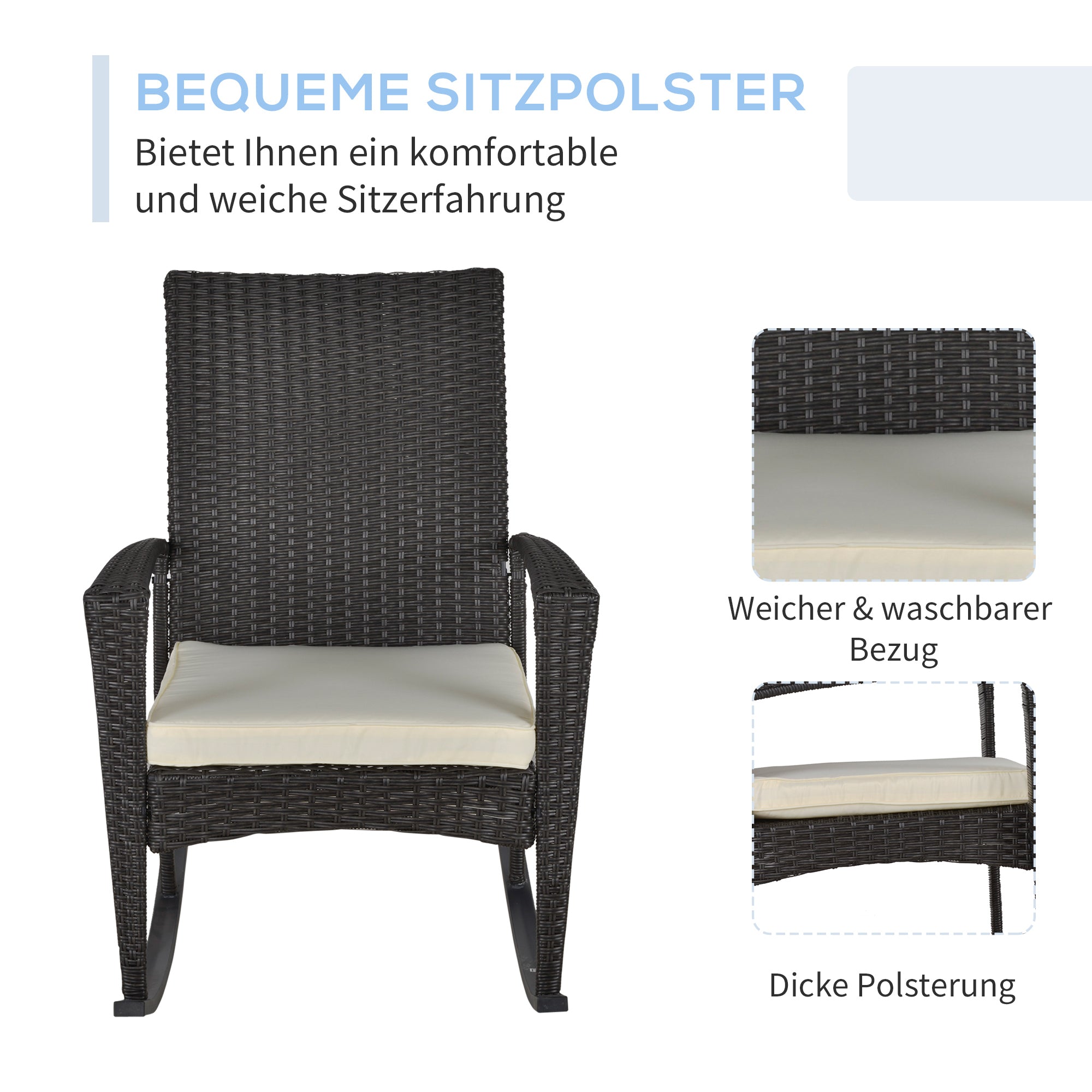 Swing Chair Rocking Armchair Garden Chair with Cushion, Polyrattan+Metal, Brown+Cream, 66 x 88 x 98 cm