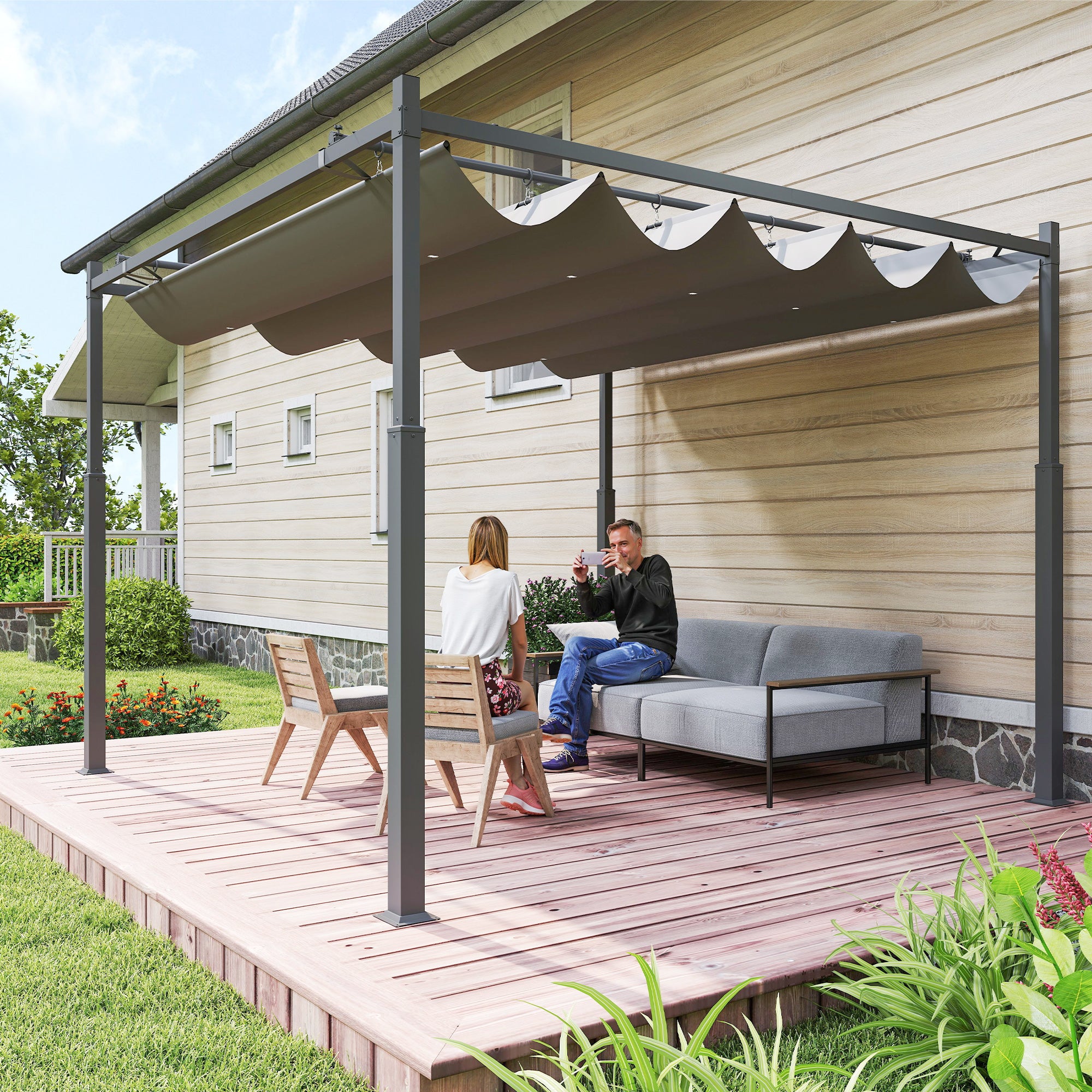 Retractable Pergola 3 x 3 m (approx. 9'9" x 9'9") – 180 gsm Polyester, UPF30+, Magnetic Fixing, Gray