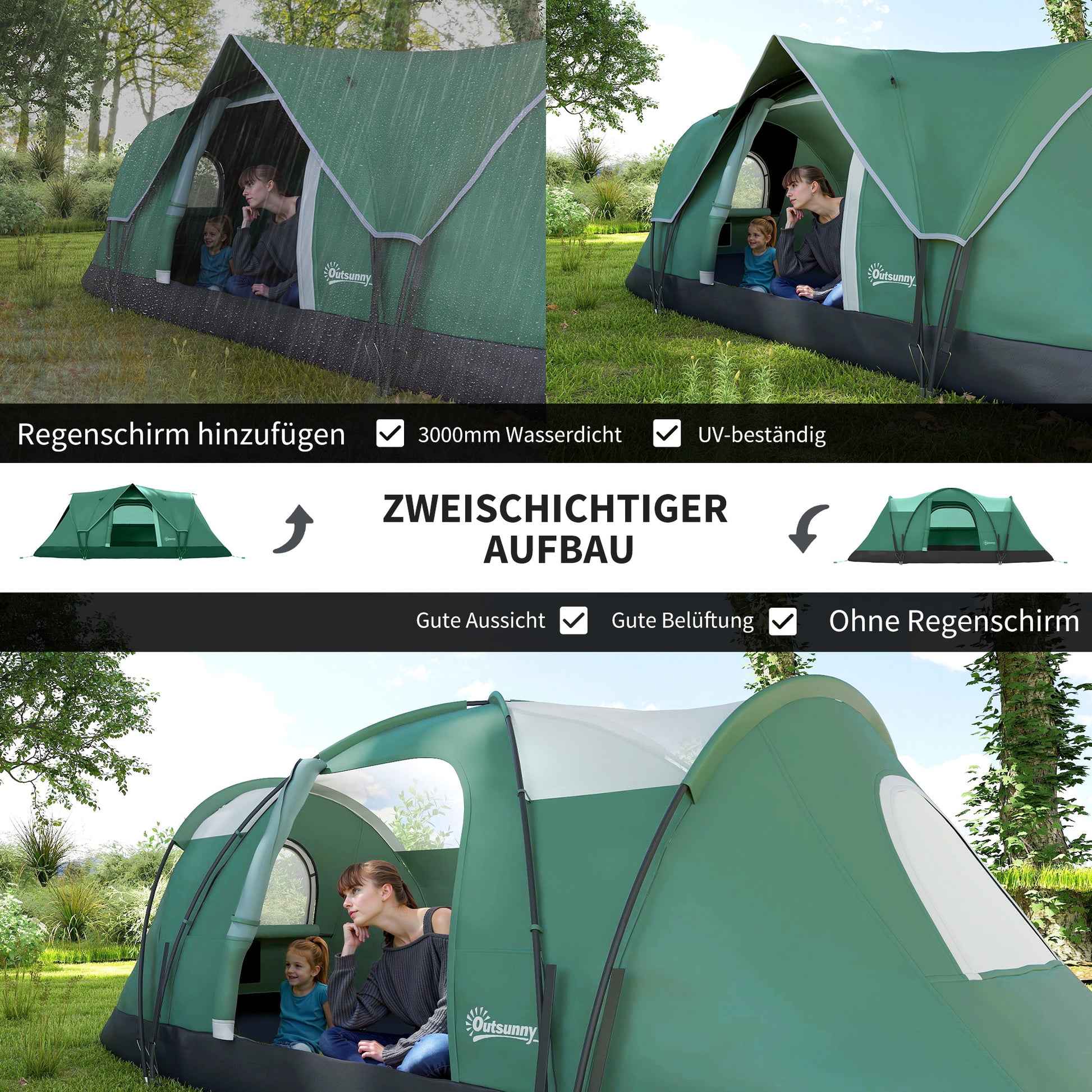 Camping Tent for 5-6 People Stable Waterproof Family Tent with Entrance Window Pack Bag, Tent with 3000mm Water Column Tunnel Tent for Camping Travel Garden, Green