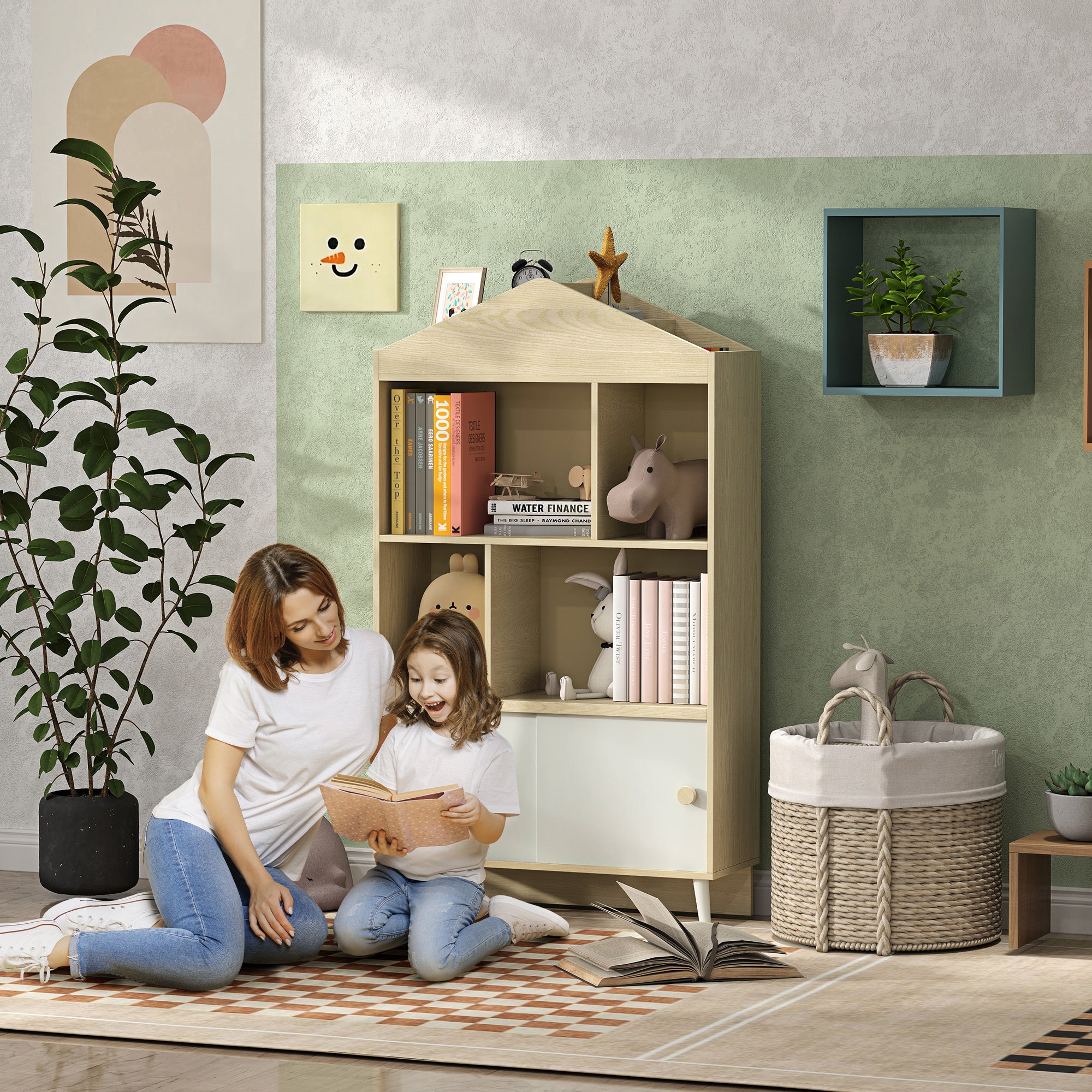 Wooden Kids Bookcase with 4 Compartments Children's Library with Open Shelves and Cabinet for Kids' Room Playroom 80x30x140.5 cm White and Natural