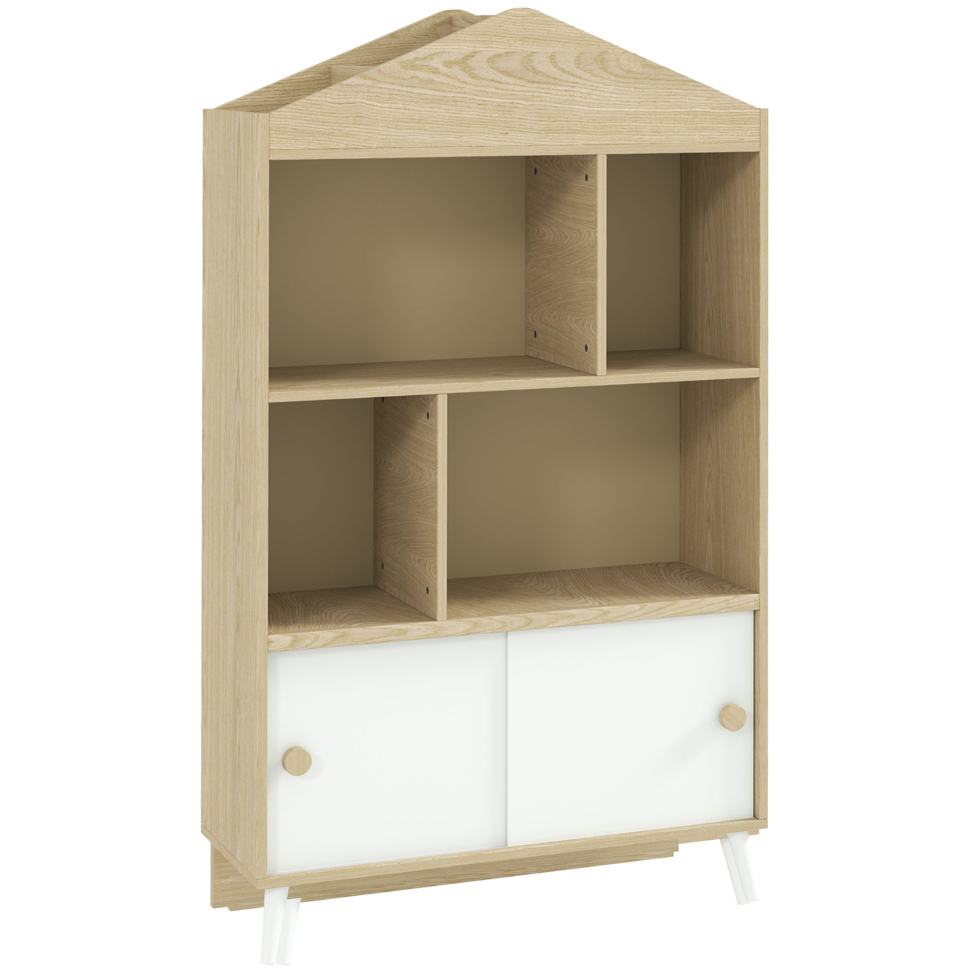 Wooden Kids Bookcase with 4 Compartments Children's Library with Open Shelves and Cabinet for Kids' Room Playroom 80x30x140.5 cm White and Natural