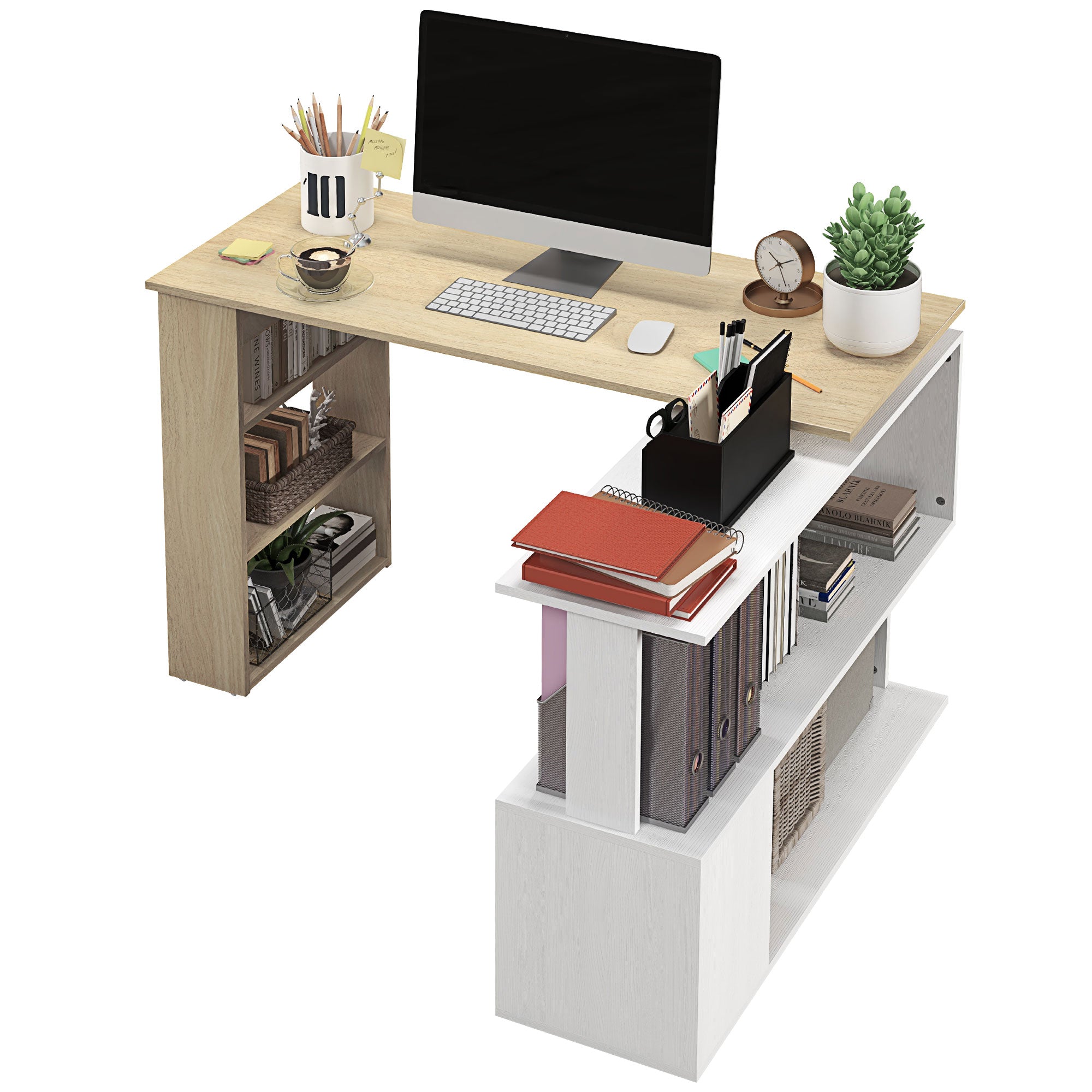 Rotating Corner Desk L-Shaped Desk with Shelf Desk with Shelves for Office Study 120x110x74.5 cm Natural and White