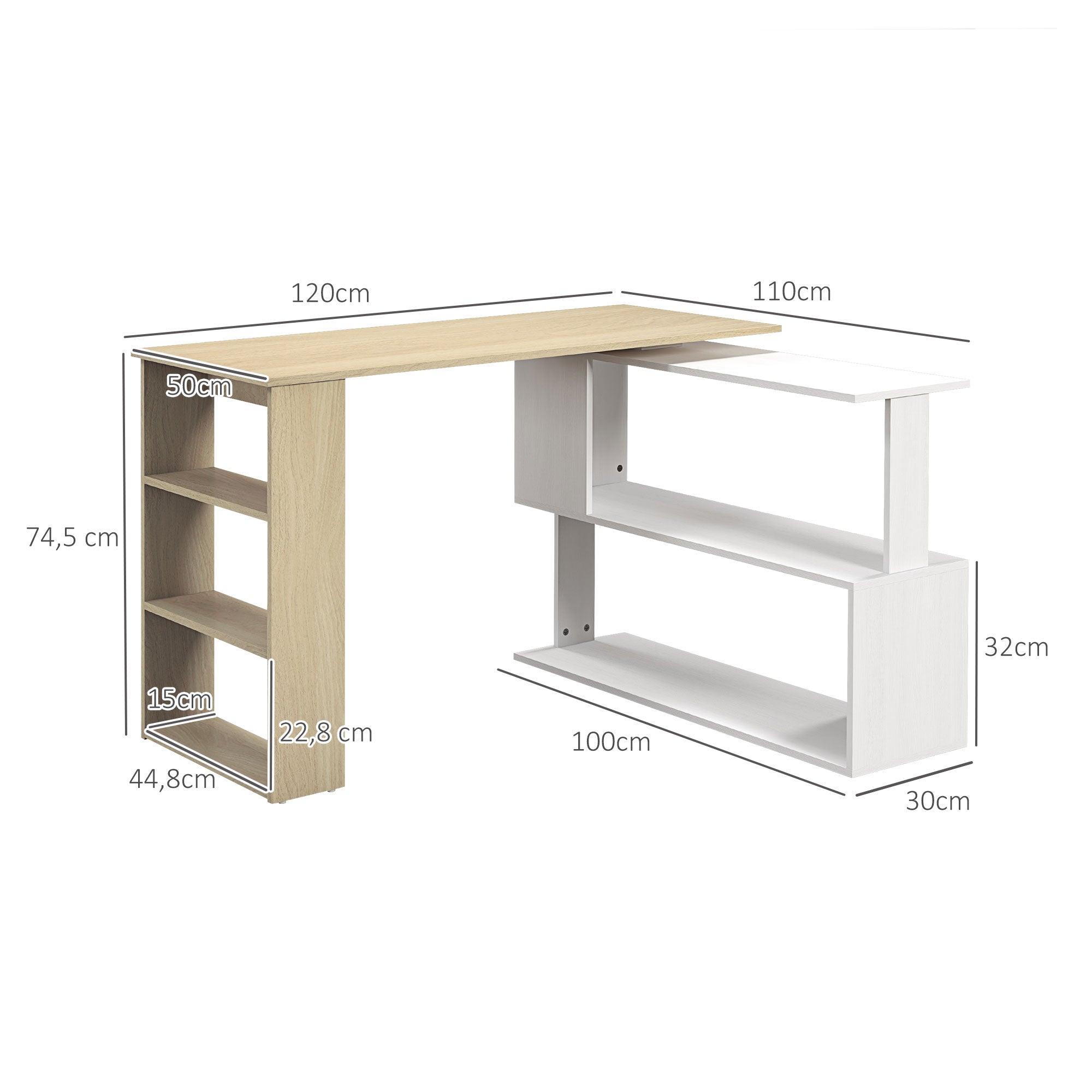 Rotating Corner Desk L-Shaped Desk with Shelf Desk with Shelves for Office Study 120x110x74.5 cm Natural and White