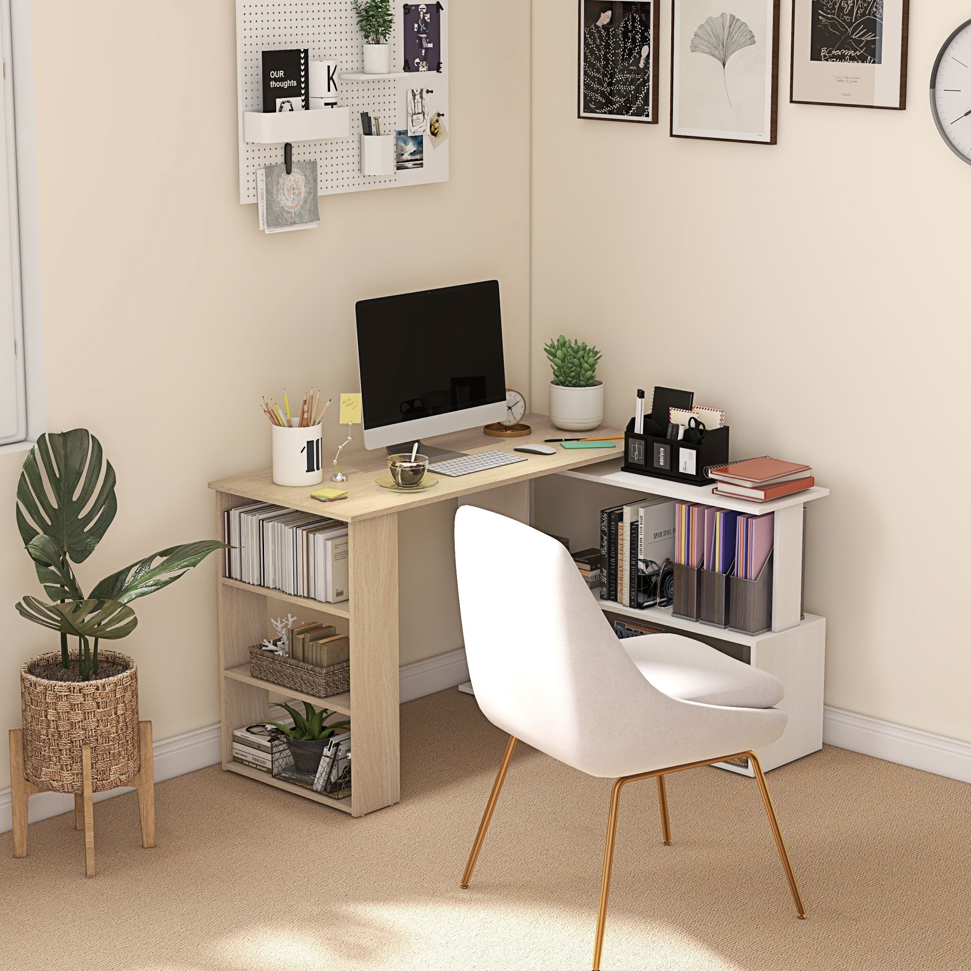 Rotating Corner Desk L-Shaped Desk with Shelf Desk with Shelves for Office Study 120x110x74.5 cm Natural and White