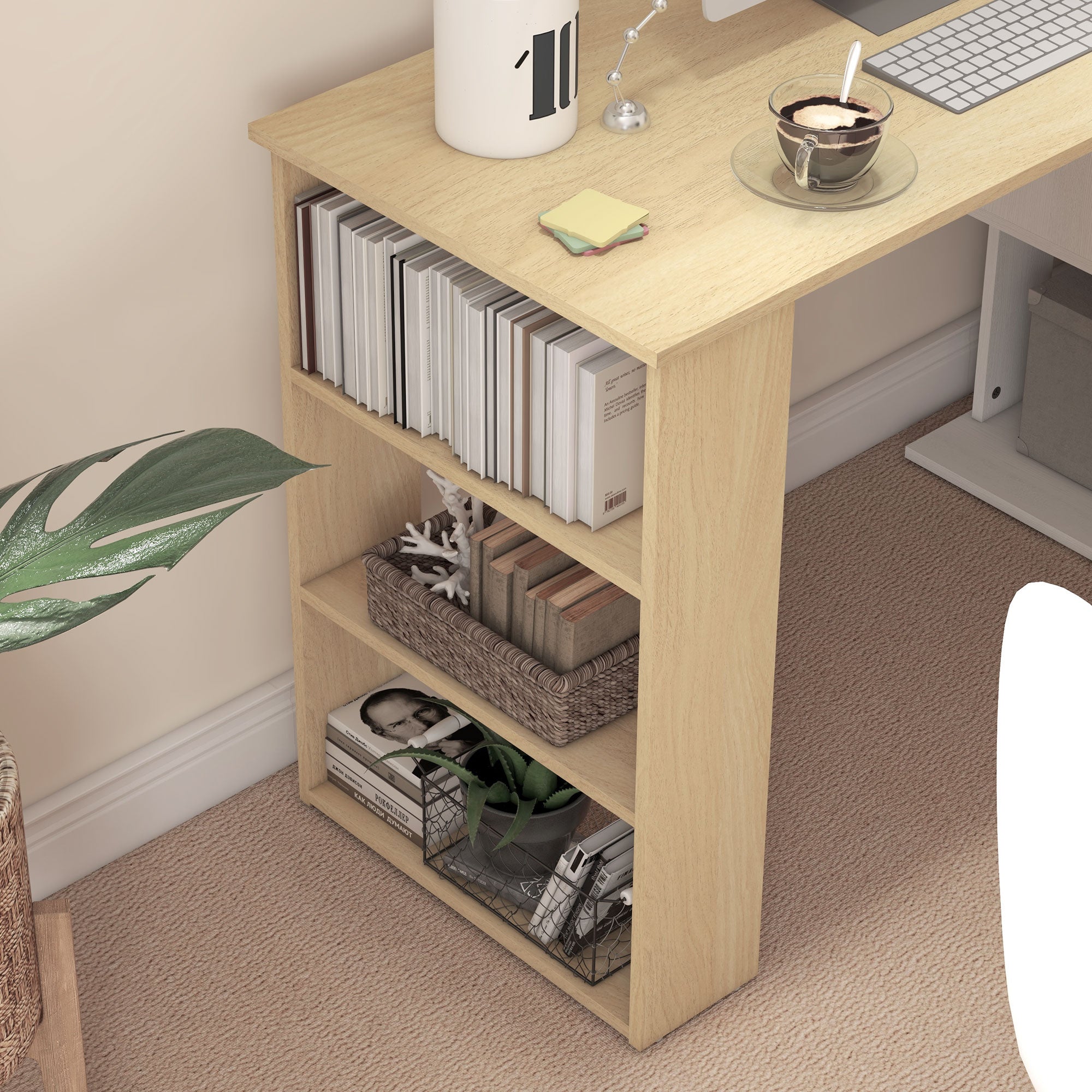 Rotating Corner Desk L-Shaped Desk with Shelf Desk with Shelves for Office Study 120x110x74.5 cm Natural and White