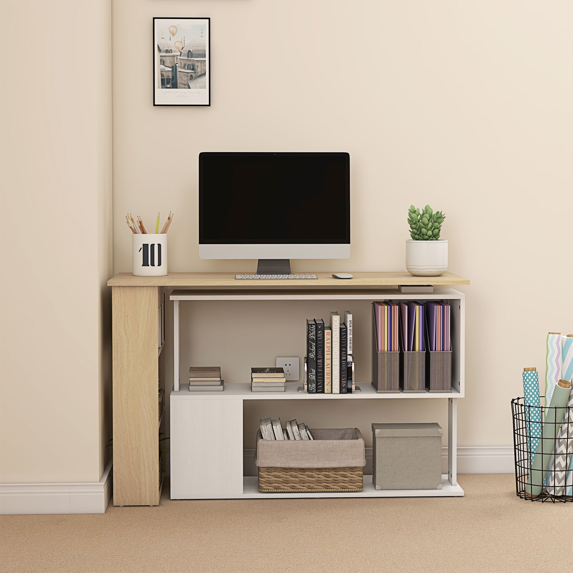 Rotating Corner Desk L-Shaped Desk with Shelf Desk with Shelves for Office Study 120x110x74.5 cm Natural and White