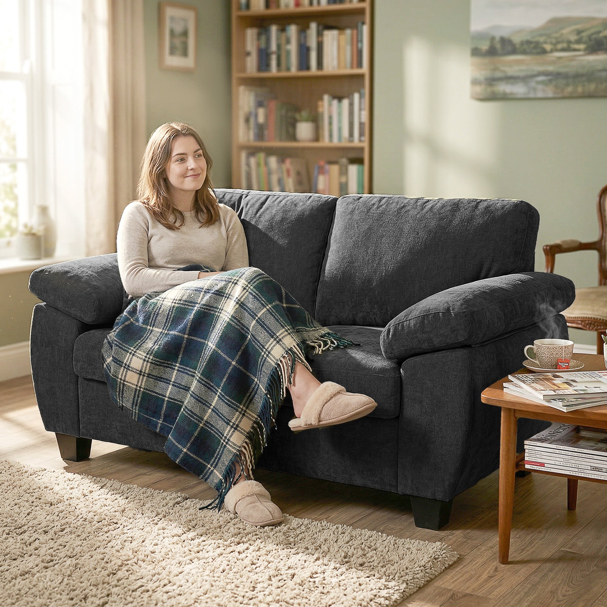 2-Seater Chenille Sofa, Compact 61.4" Fabric Couch with Thick Pocket-Spring Cushion & Wide Padded Arms – Dark Gray