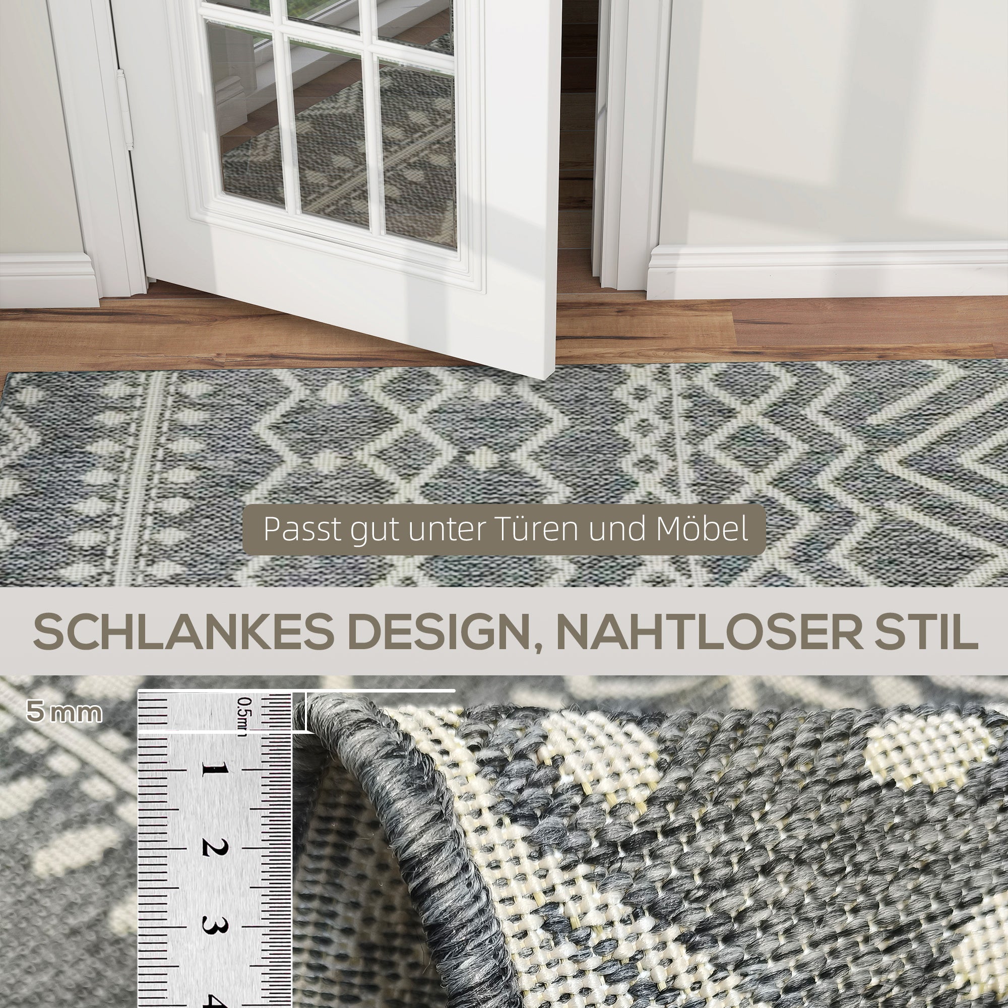 Flat Weave Rug Washable Anti-Slip Kitchen Rug with Boho Design for Patio Balcony Living Room & Kitchen, 170 x 120 cm, Gray