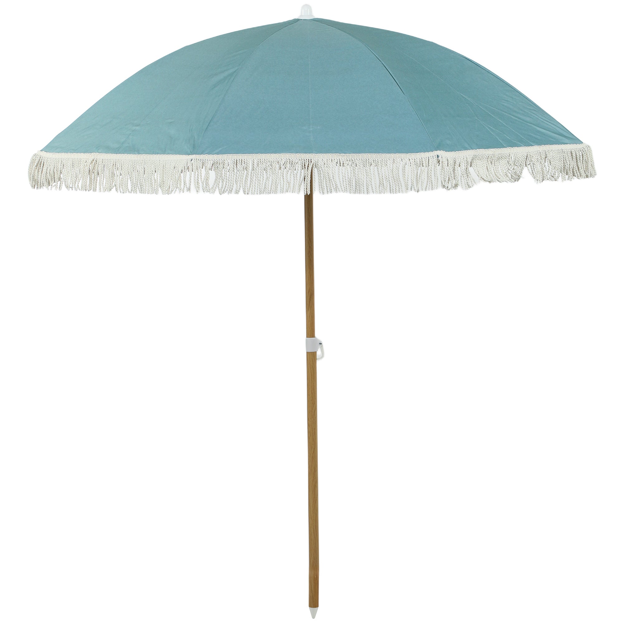 Beach Umbrella with Wood Effect Pole Ø 1.7m, Large Height Adjustable Fringed Sun Umbrella with UPF50+ Sun Protection, Lightweight Carry Bag Included, Light Blue