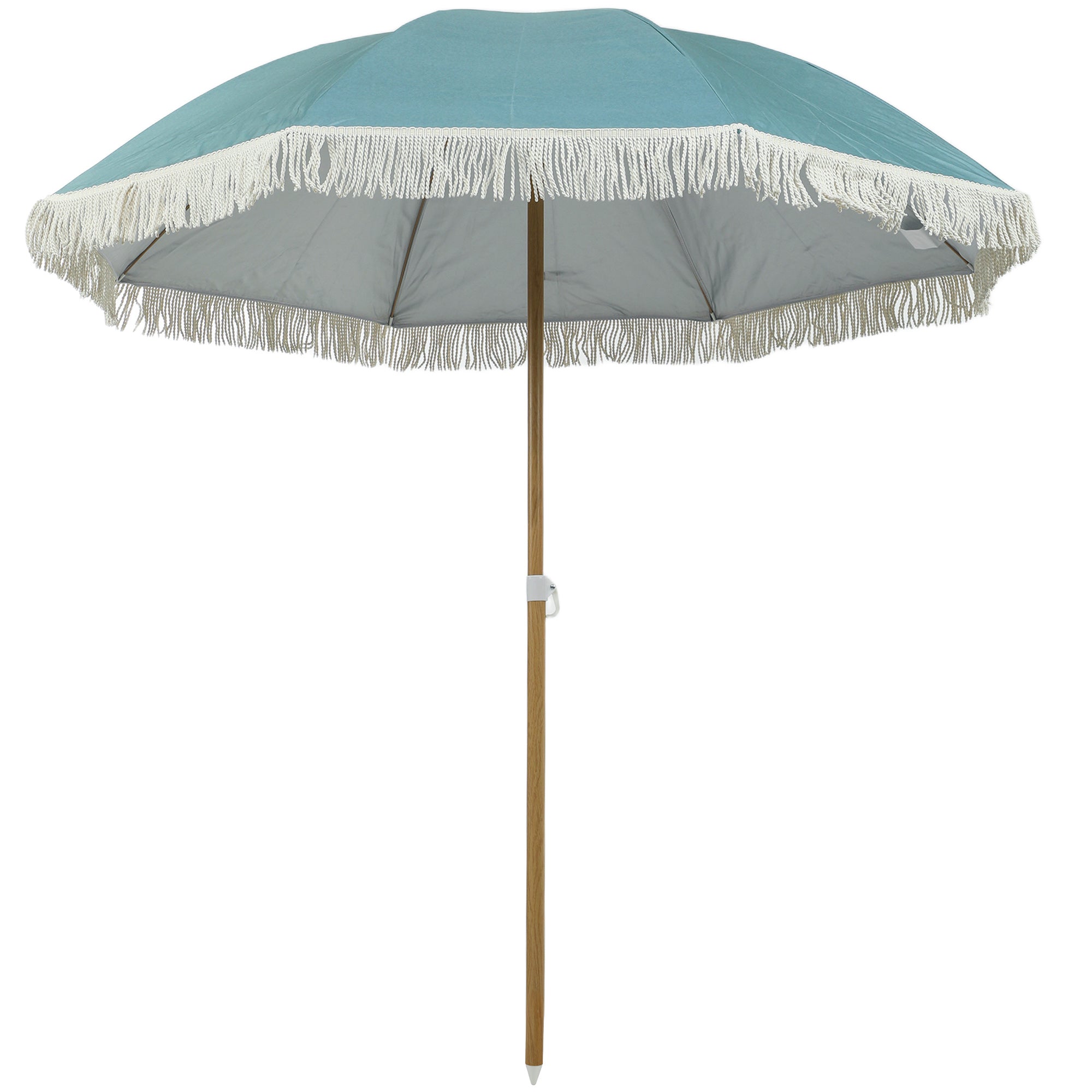 Beach Umbrella with Wood Effect Pole Ø 1.7m, Large Height Adjustable Fringed Sun Umbrella with UPF50+ Sun Protection, Lightweight Carry Bag Included, Light Blue