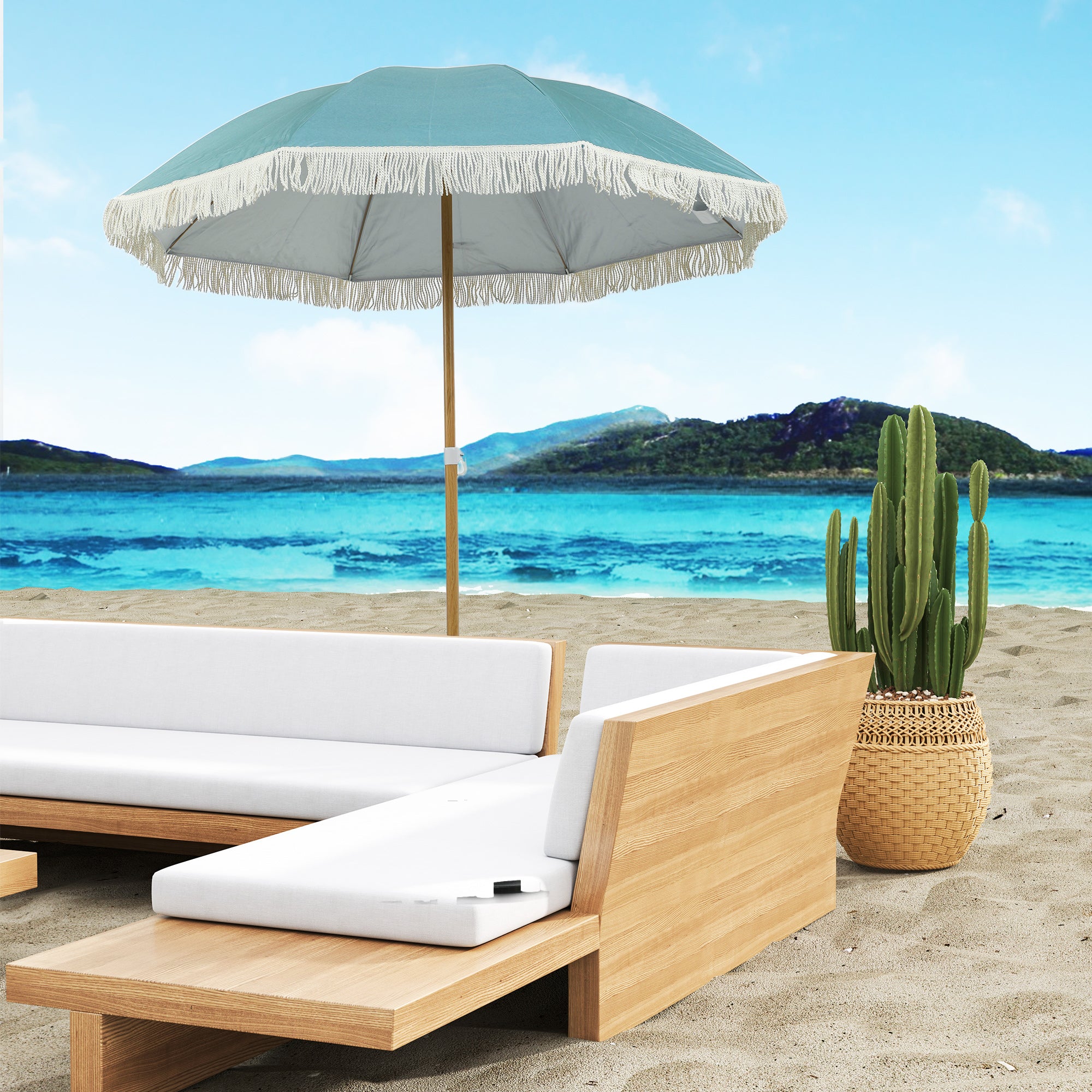 Beach Umbrella with Wood Effect Pole Ø 1.7m, Large Height Adjustable Fringed Sun Umbrella with UPF50+ Sun Protection, Lightweight Carry Bag Included, Light Blue