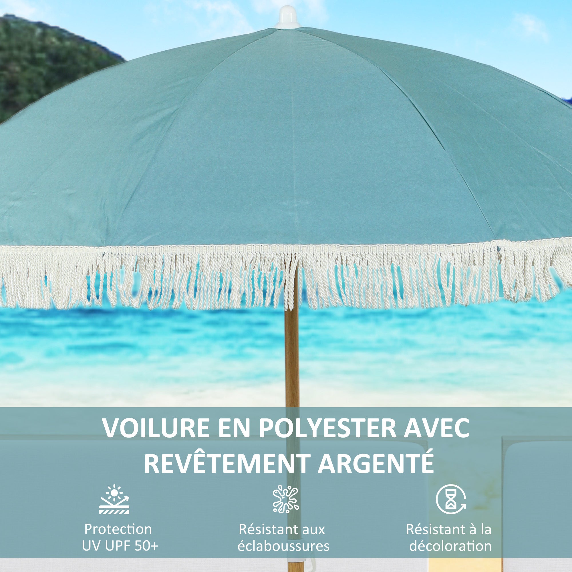 Beach Umbrella with Wood Effect Pole Ø 1.7m, Large Height Adjustable Fringed Sun Umbrella with UPF50+ Sun Protection, Lightweight Carry Bag Included, Light Blue