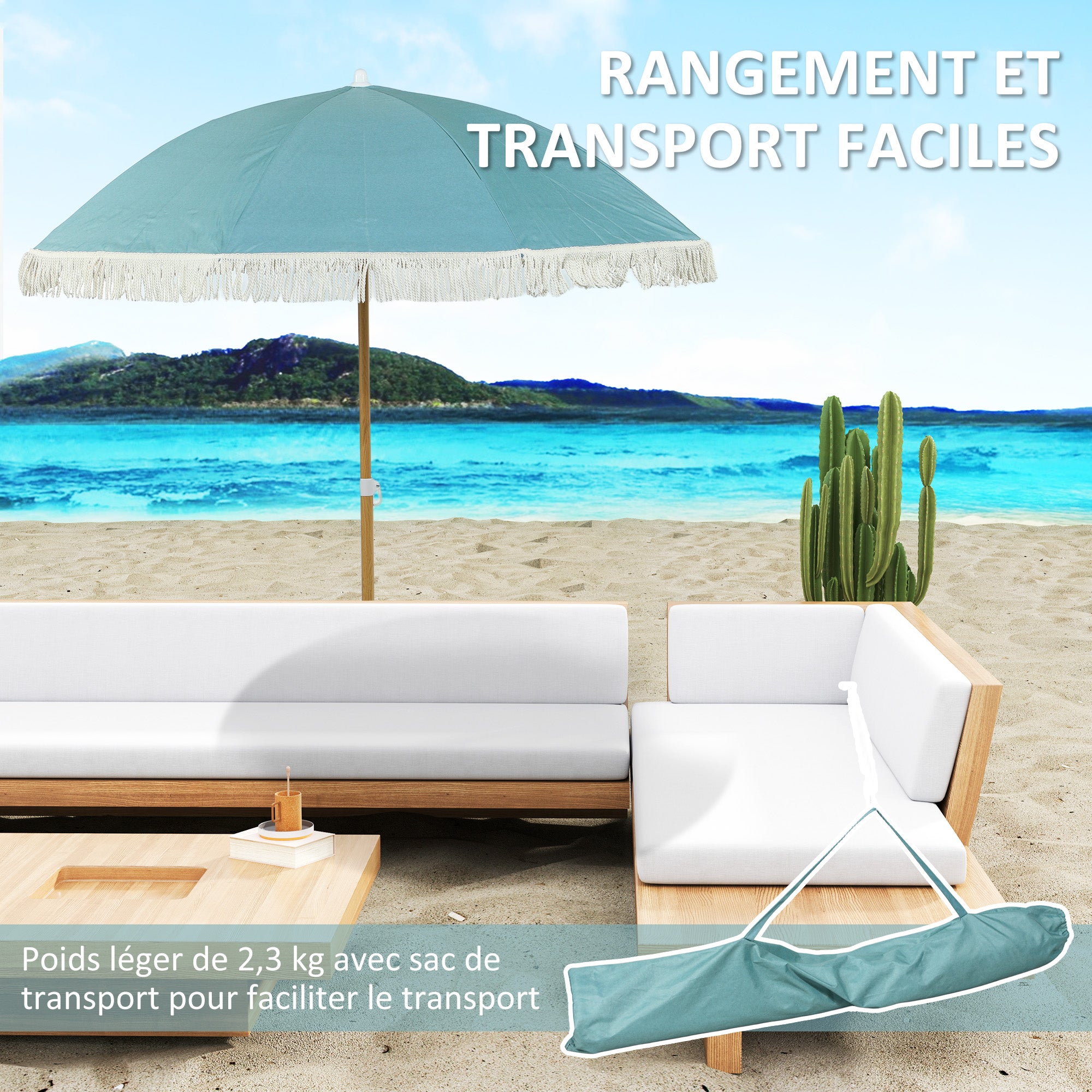 Beach Umbrella with Wood Effect Pole Ø 1.7m, Large Height Adjustable Fringed Sun Umbrella with UPF50+ Sun Protection, Lightweight Carry Bag Included, Light Blue